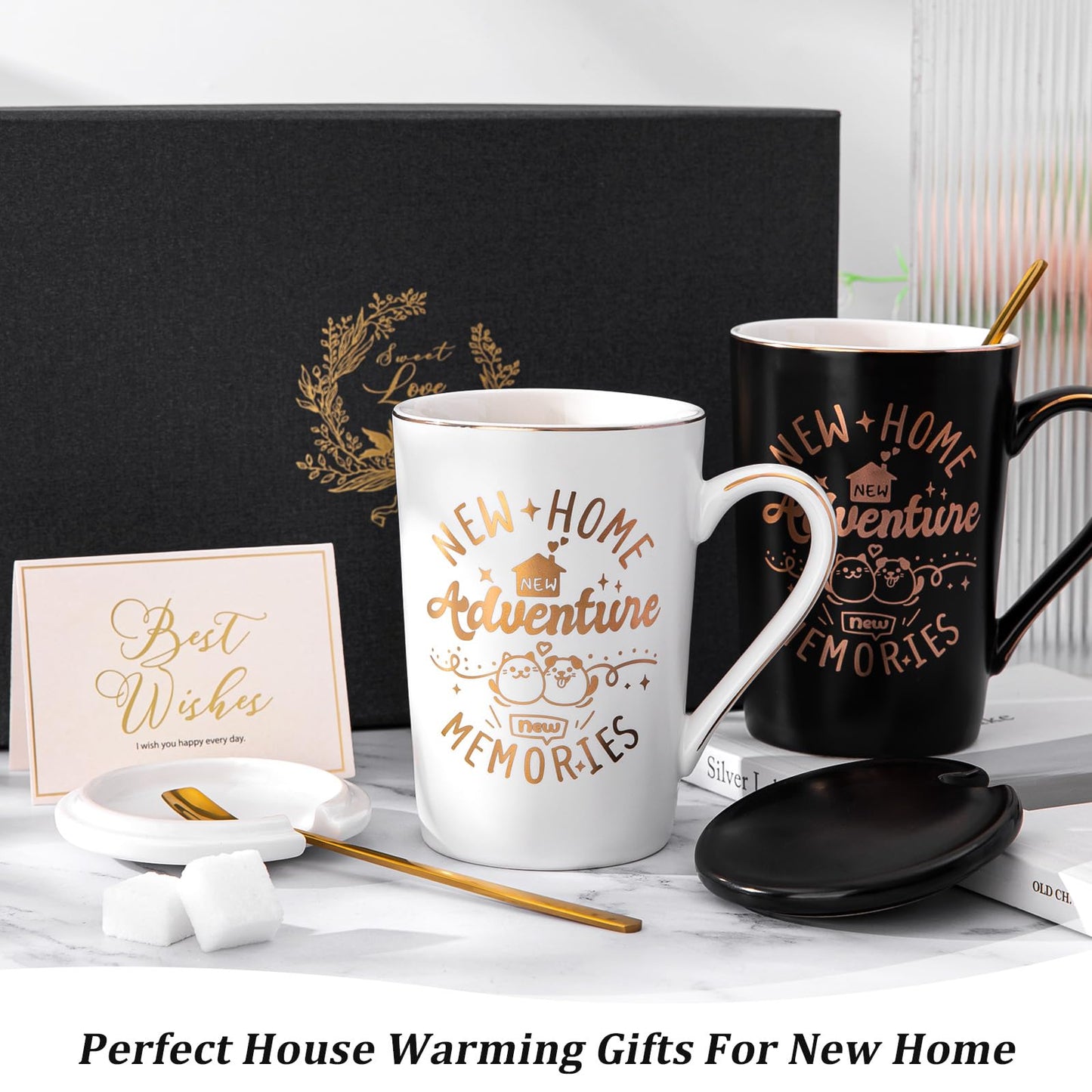 House Warming Gifts New Home - New Home Gift Ideas for Women Men Couple New Homeowners Neighbor Friend, Unique Housewarming Present with 14Oz Coffee Mugs, Spoons, Lids, Greeting Card, Elegant Boxed