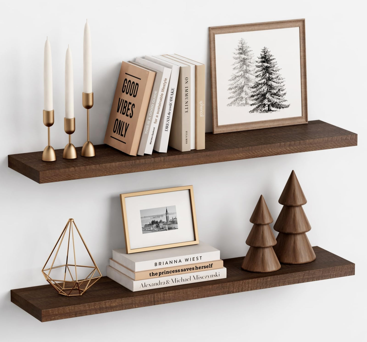 Harwaya 36 Inch Floating Shelves for Wall Set of 2, Large Long Wall Shelves for Living Room Decor, Walnut Brown Wooden Hanging Shelves for Bedroom Kitchen Bathroom Office Books Pictures (Dark Wood)