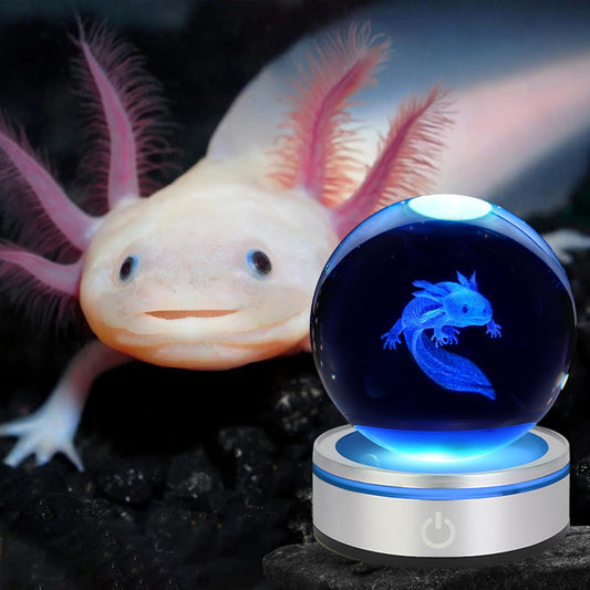3D Axolotl Crystal Ball Night Light With LED Colorful Light Touch Base 3.15 In Glass Ball Lamp for Birthday Christmas, Cool Toy Gift for Boys Girls Kids Axolotl Figurines Home Decor