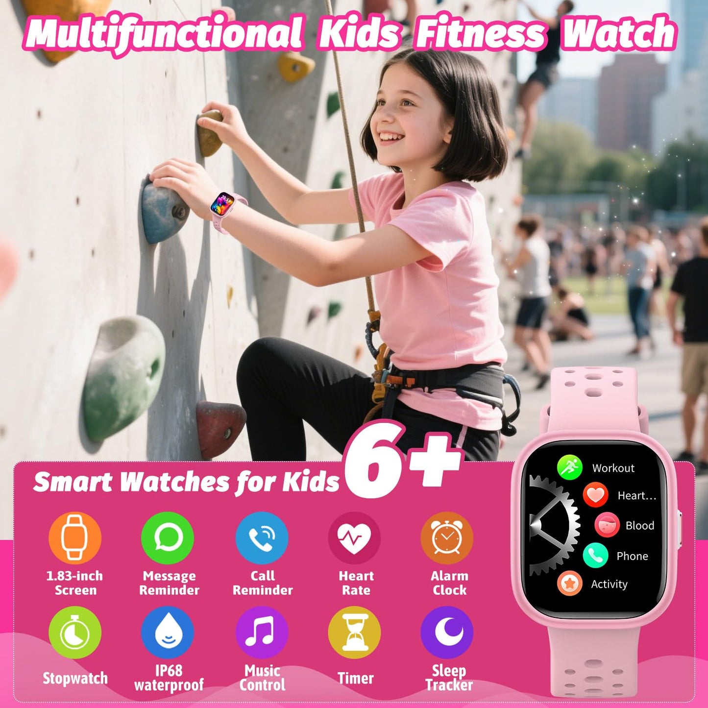 Heroange Kids Smart Watch for Girls Boys,IP68 Waterproof Kids Fitness Tracker Watch with 1.83" Face,Heart Rate Sleep Monitor,19 Sport Modes,Puzzle Games with APP,Great Gifts for Teens 6+ (Pink)