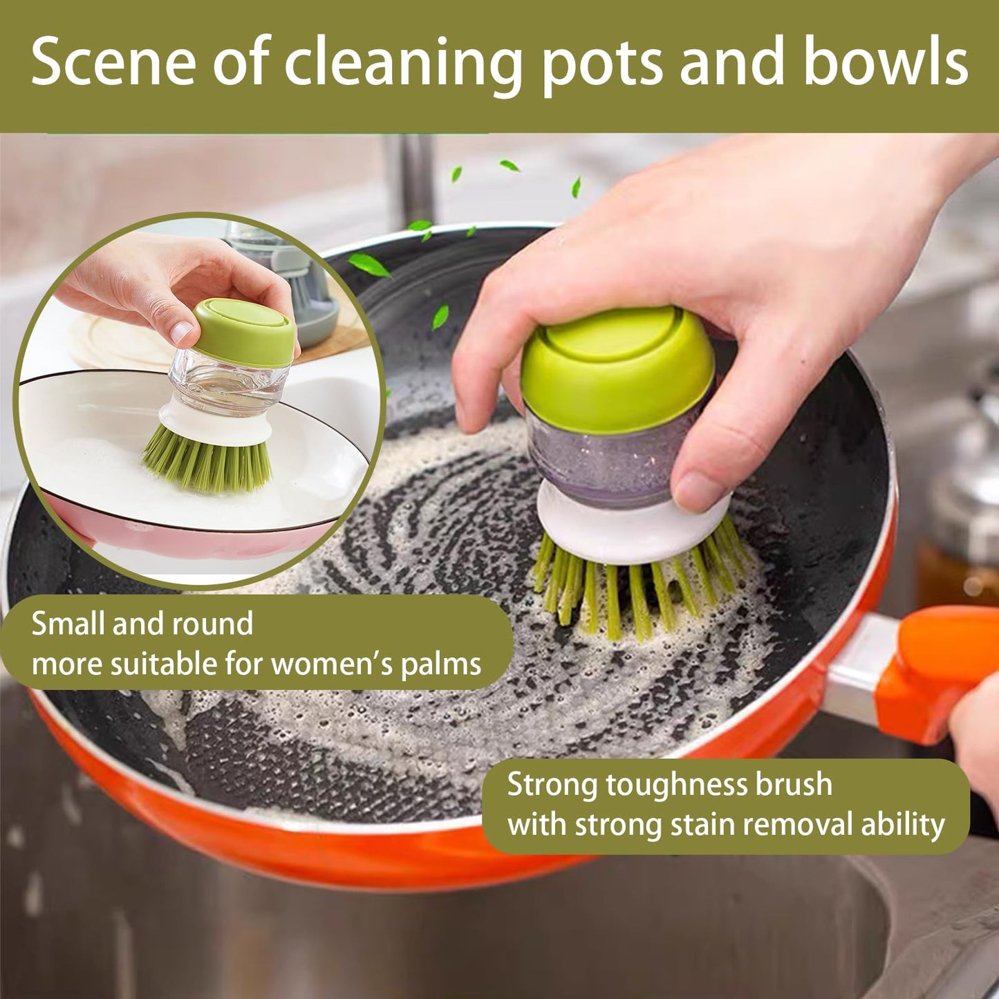 UGWkivd Soap Dispenser Dish Brush Palm Brush Scrub Brush Equipped with Storage Bracket and Drainage Base,Easy to Clean Kitchen Utensils and Sink, Includes a Replaceable Brush（Green）