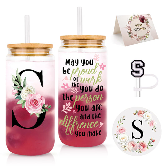 WINOWIMO Initial Glass Cups with Lids and Straws, Personalized Gifts for Women, Iced Coffee Cup Glass Tumbler, Birthday Bridesmaid Proposal Inspirational Customized Gifts for Her Girls (S)