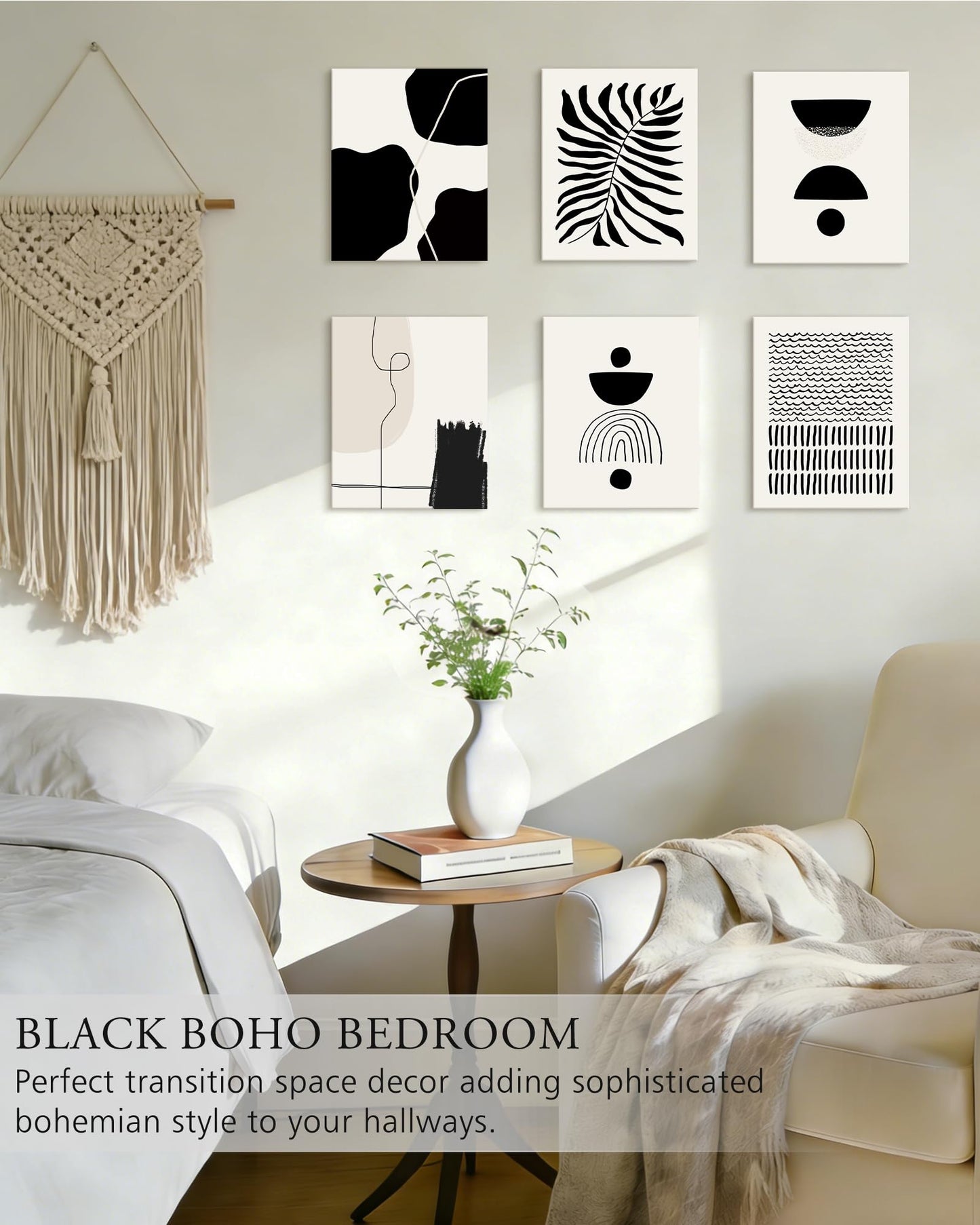 KUVIOKE Black Abstract Framed Wall Art Boho Room Decor Set of 6 Minimalist Geometric Line Art Bohemian Mid Century Modern Prints for Bedroom Living Room 8x10in (Framed)