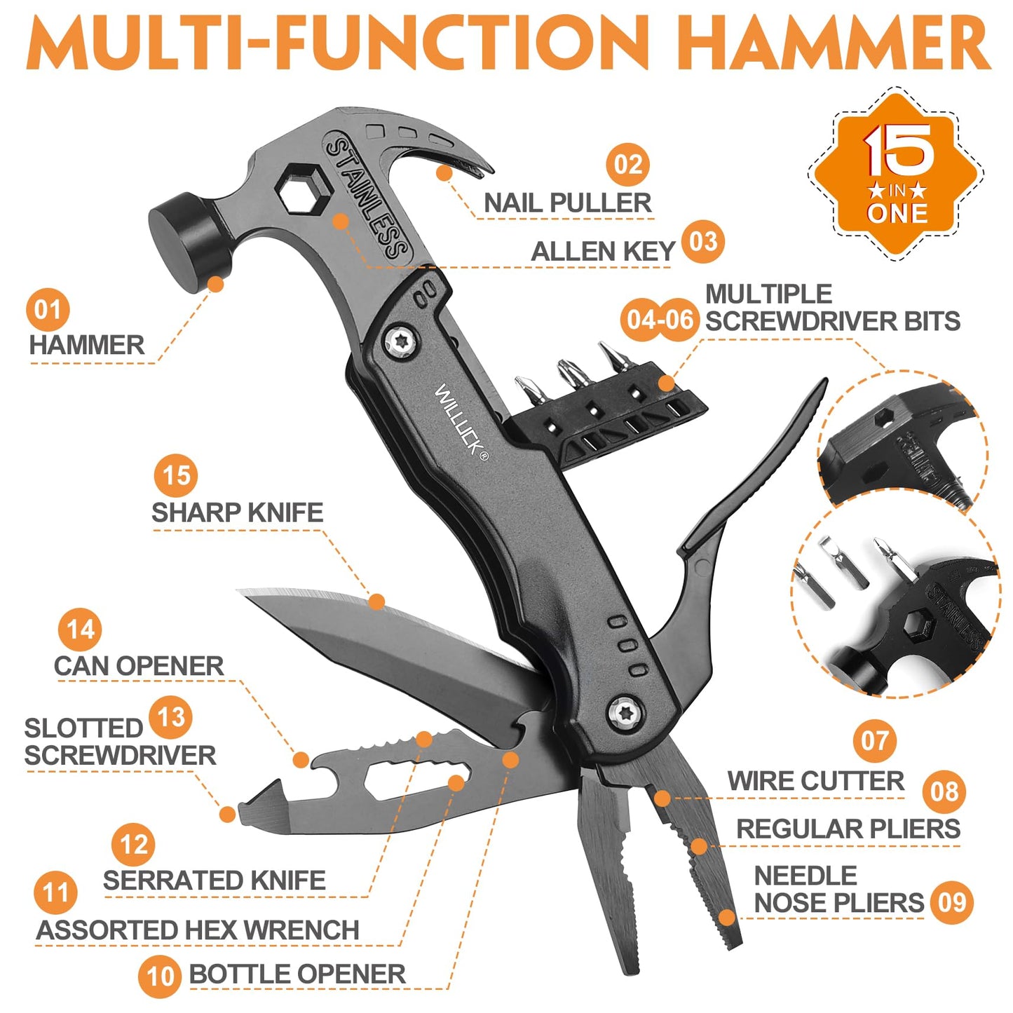 Gifts for Men Dad Husband - Birthday Gifts for Man, Stocking Stuffers for Men - Mens Stocking Stuffers, Christmas Man Gift Ideas - Hammer Presents for Camping, Hiking, Groomsmen Gift, Multitool