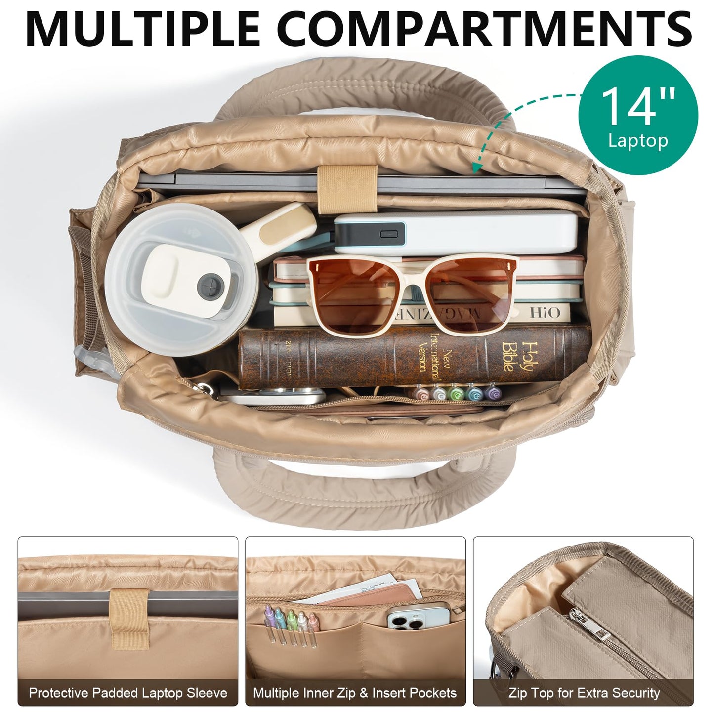 Large Bible Bag w/Bible Cover Case for Women, Puffer Bible Tote Bag Quilted Church Bag Book Carrying Case w/Shoulder Strap, Bible Study Supplies Journaling Kit Accessories Women Christian Easter Gift