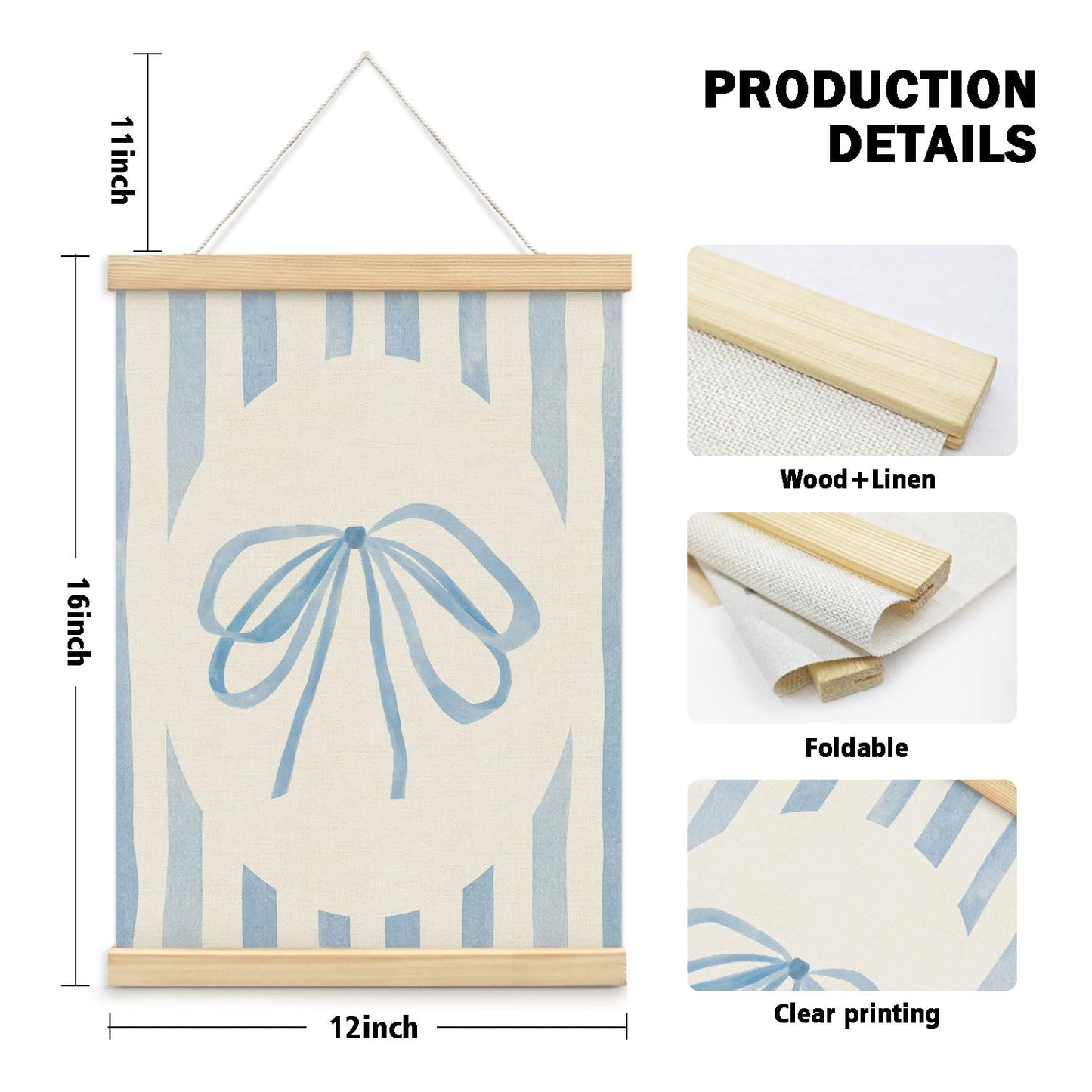 ETYZE Coquette Blue Bow Tulip Floral Wall Art Poster Hanger Frame, Spring Coquette Wall Decor, Preppy Girly Room Decor, Preppy Canvas Wall Art for Girls Room Dorm Apartment, 12x16 Inch Set of 2