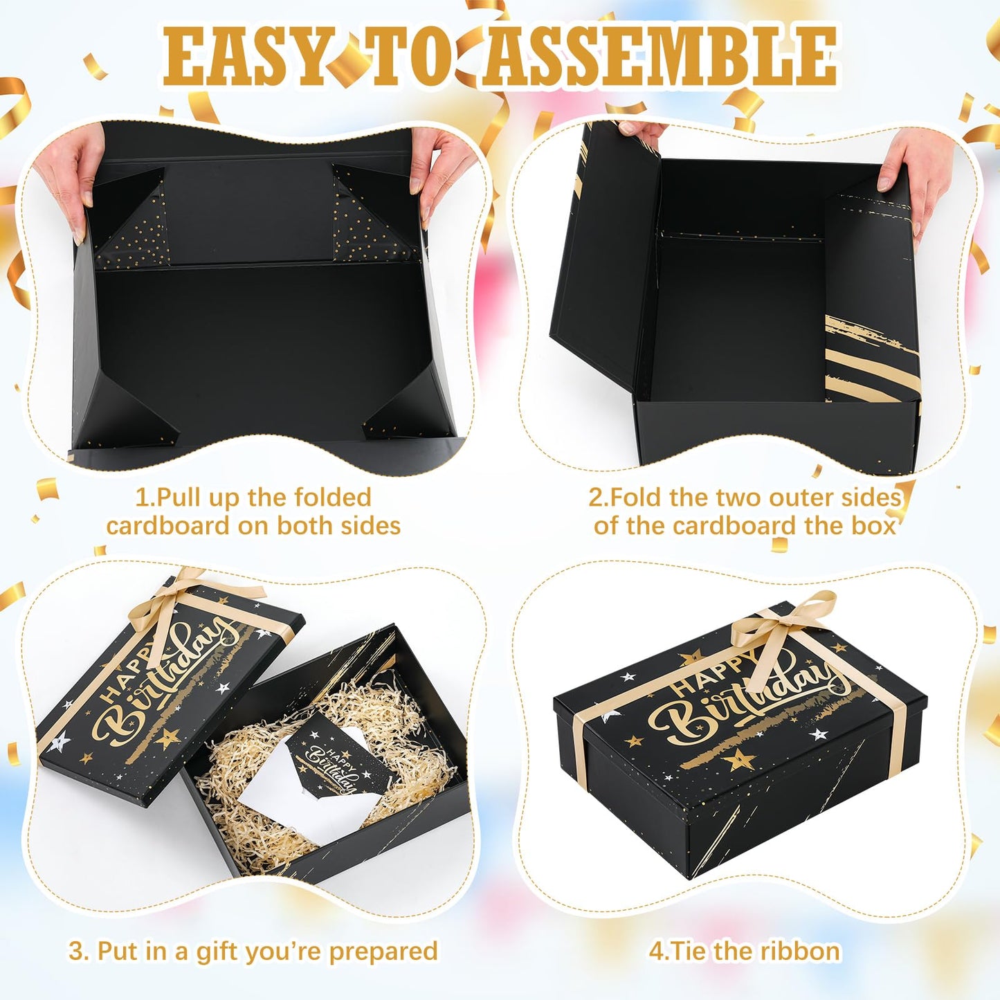 Ctosree Black Happy Birthday Gift Box with Lid for Presents, 13.5 x 10 x 4 Inch Gold Black Large Luxury Star Foldable Cardboard Box for Gift Packing, Contains Card, Envelope, Ribbon, Raffia Grass