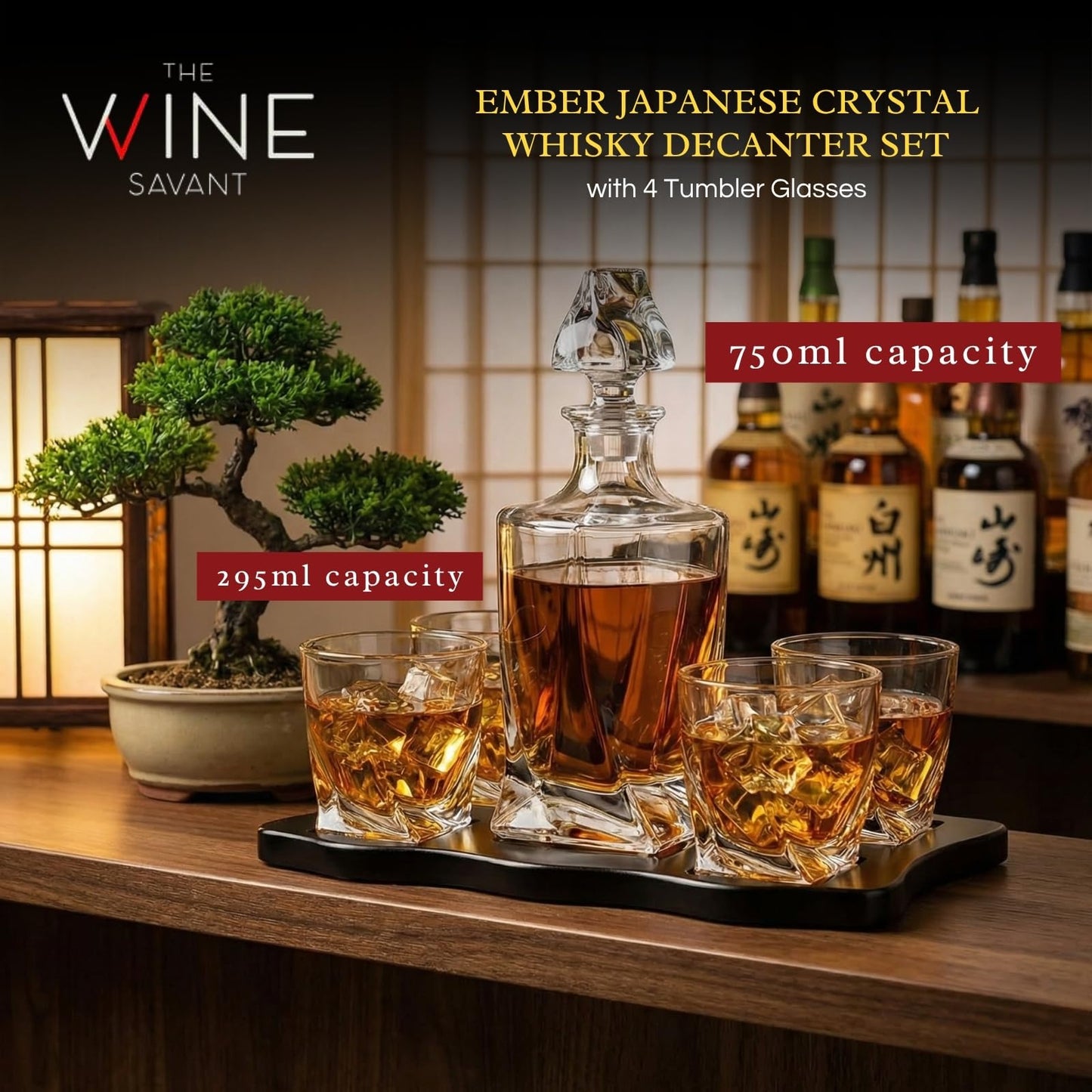 Ember Japanese Crystal Whisky Decanter Set with 4 Tumbler Glasses, Lead-Free Liquor Carafe & 10oz Rocks Glasses - Scotch Bourbon, Spirits & Wood Base Elegant Barware Gift for Men, Japan Design Gifts