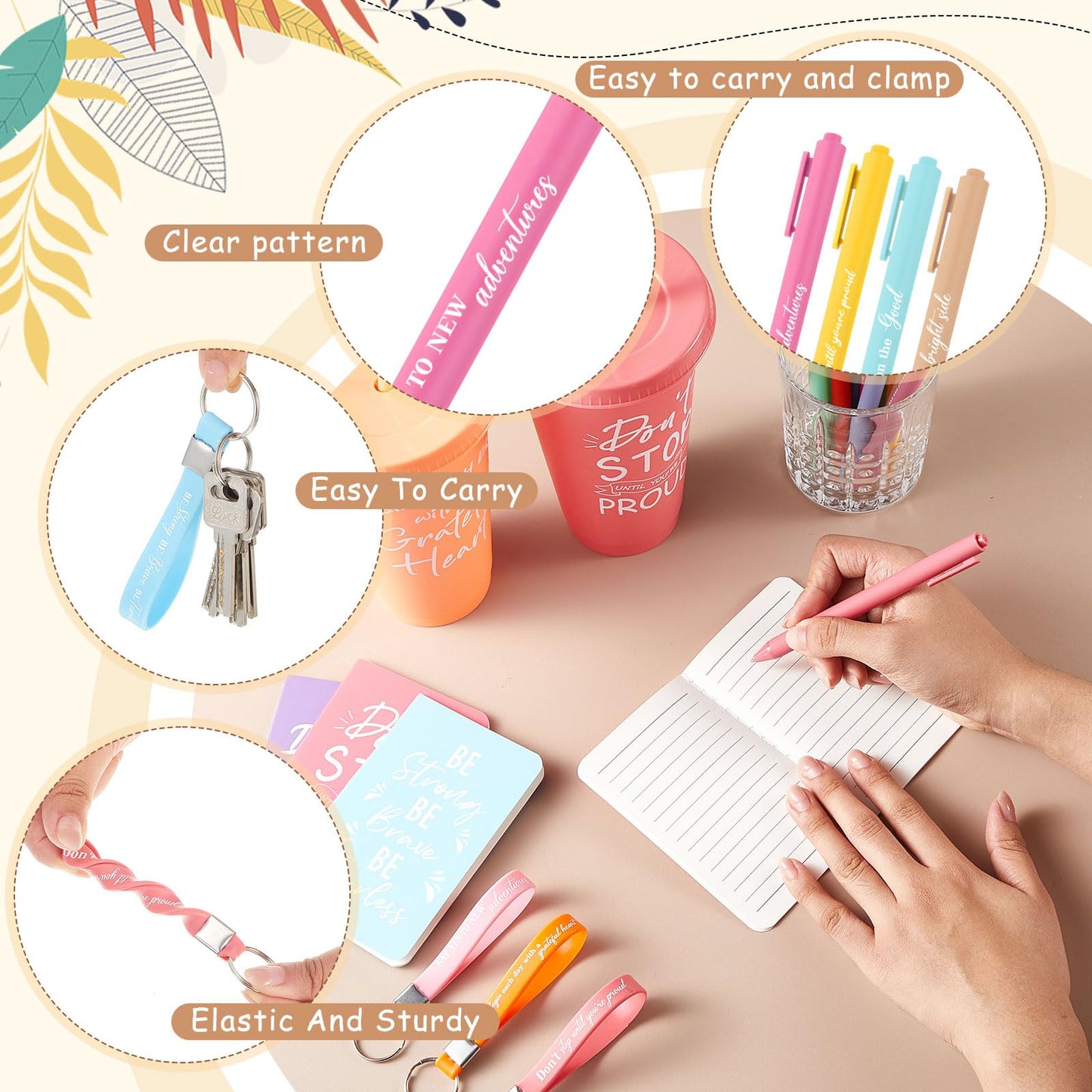 Hollowfly 12 Sets / 48 Pcs Inspirational Gifts Bulk for Employee Appreciation, 24 oz Plastic Cups and Pens Notebooks Keychains Set, Group Gifts for Office Staff Coworkers (Pastel)