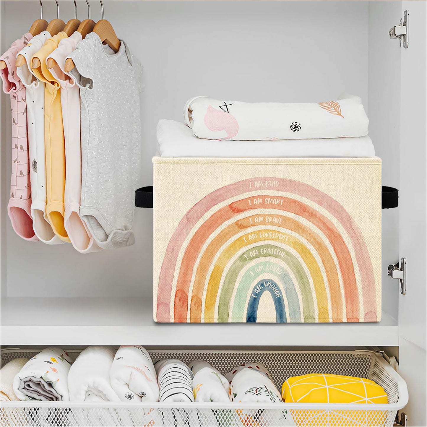 Elefeltclave Inspirational Boho Kids Storage Bins, Positive Affirmation Rainbow Collapsible Storage Basket Organizer for Kids Room Nursery Bathroom Clothes Toys Books, Toybox for Boys Girls