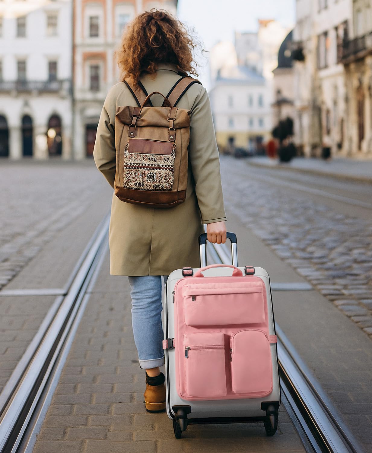 MIAOJIE Over Luggage Organizer Bag for Suitcase with Multi Pockets, 16” Laptop Bag with Handle,Portable Travel Organizer Bags for Luggage with Adjustable Straps,Tote Carry Bag for Women Men(Pink)