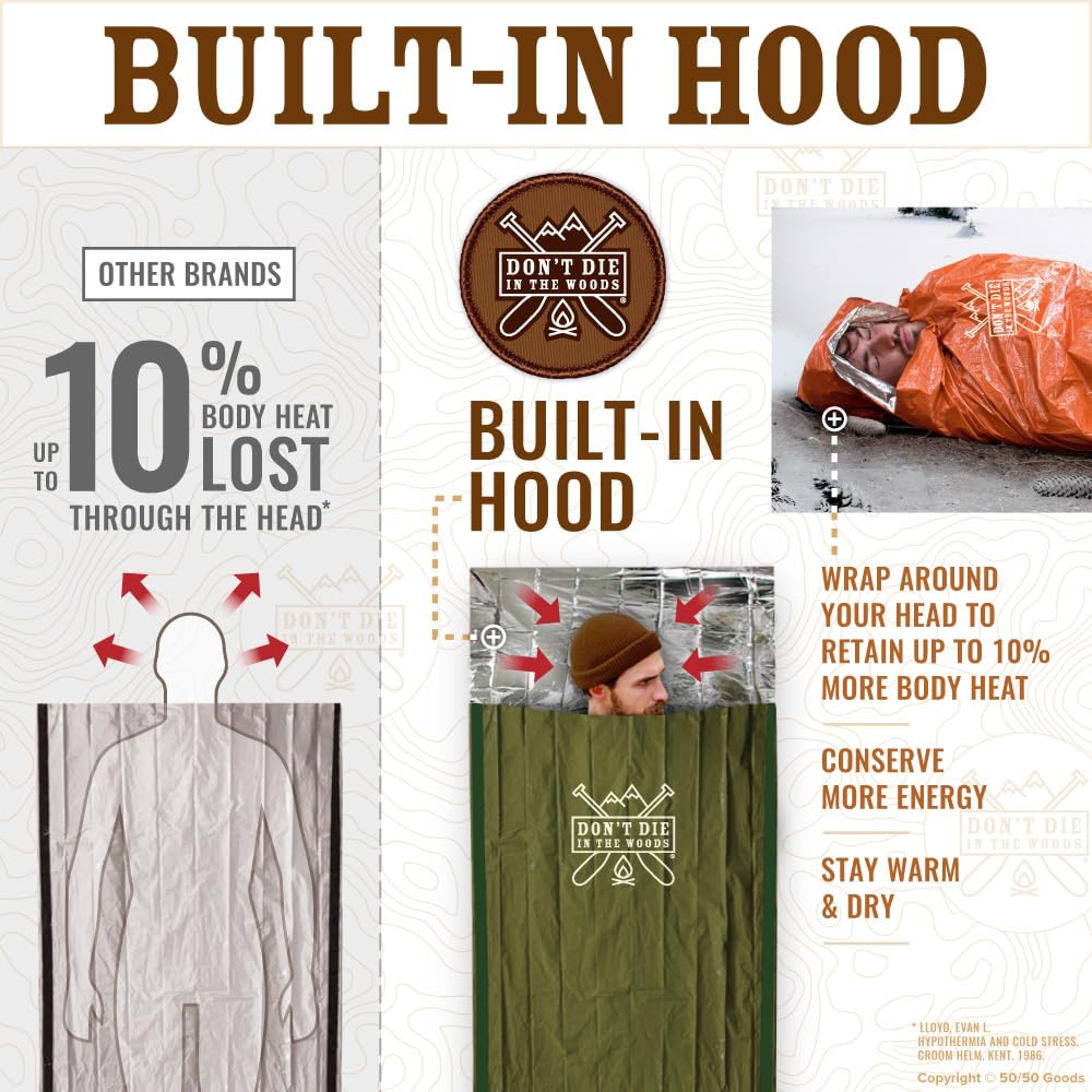 Don’t Die in The Woods - Emergency Sleeping Bag with Hood - Made with Extra Thick Thermal Mylar - Hiking Camping Blanket Survival Gear Essentials Tactical Car Disaster First Aid Kit (Green)