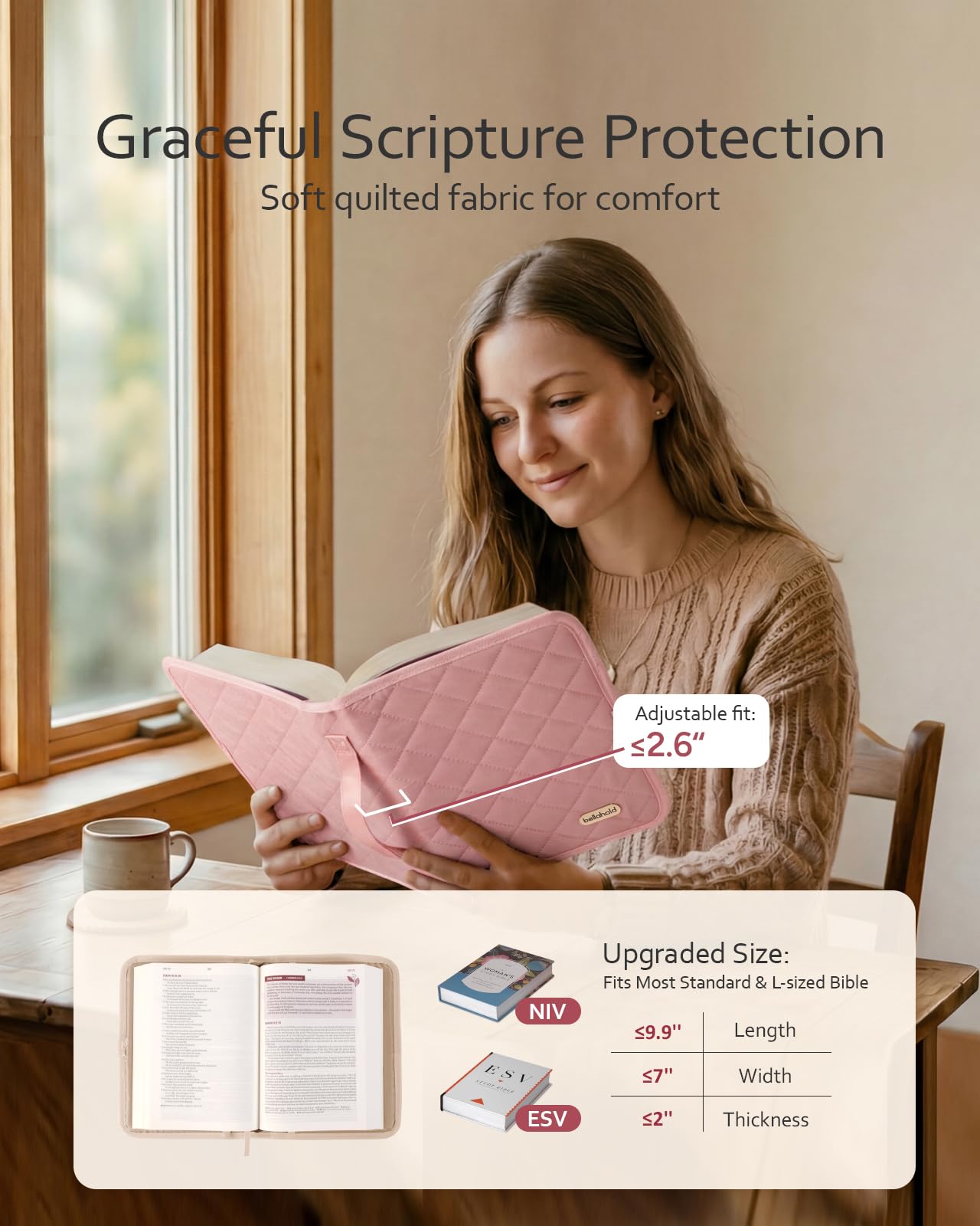 BellaHold Large Bible Bag with Bible Cover Case for Women, Church Bag with shoulder strap, Quilted Bible Cover for Bible Study Supplies, a Christian Gift for Women, Beige