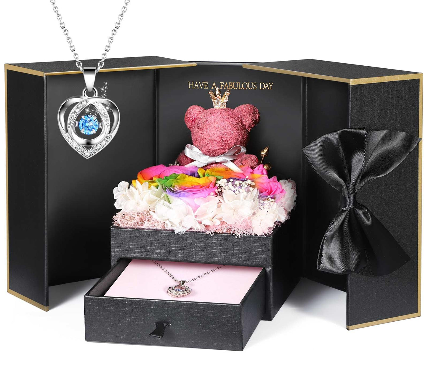 ADDWel Preserved Real Rainbow Rose with Sterling Silver Necklace Gift Set - Romantic for Wife, Girlfriend - Eternal Flowers Gifts for Anniversary, Birthday