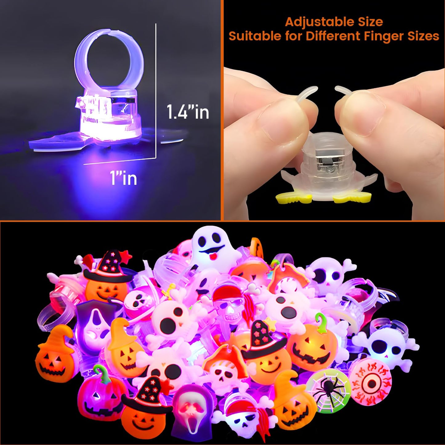 PNNJSSXT 50pcs Halloween LED Rings, Halloween Party Favors Glow in the Dark Party Supplies, Light Up Rings Perfect for Trick or Treat Gifts