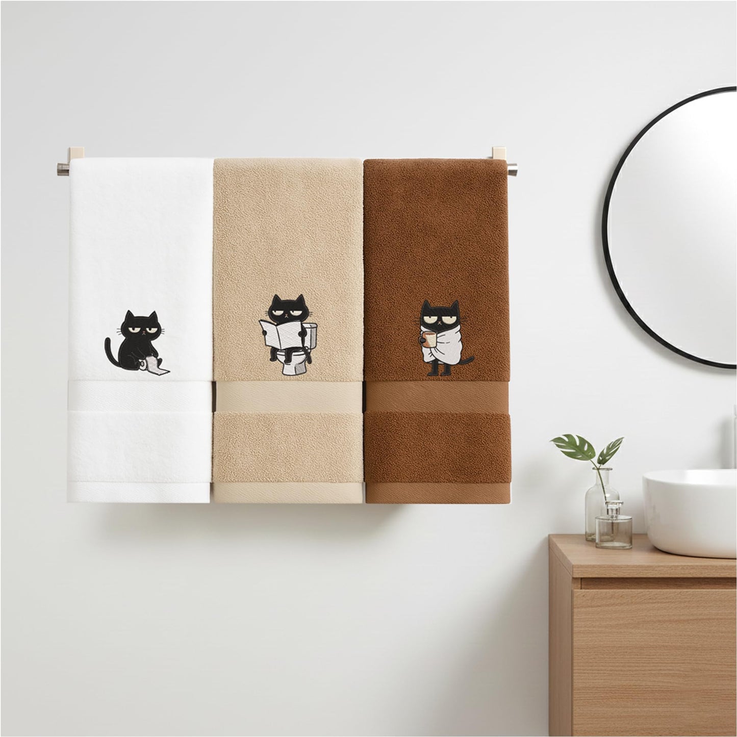 3Pcs 100% Cotton Soft Absorbent Embroidered Hand Towels, Black Cat Decorative Towels for Bathroom and Kitchen, Funny Cat Hand Towels Bathroom Decor, Cat Lover Gifts for Women, 15.75 x 31.5 Inches