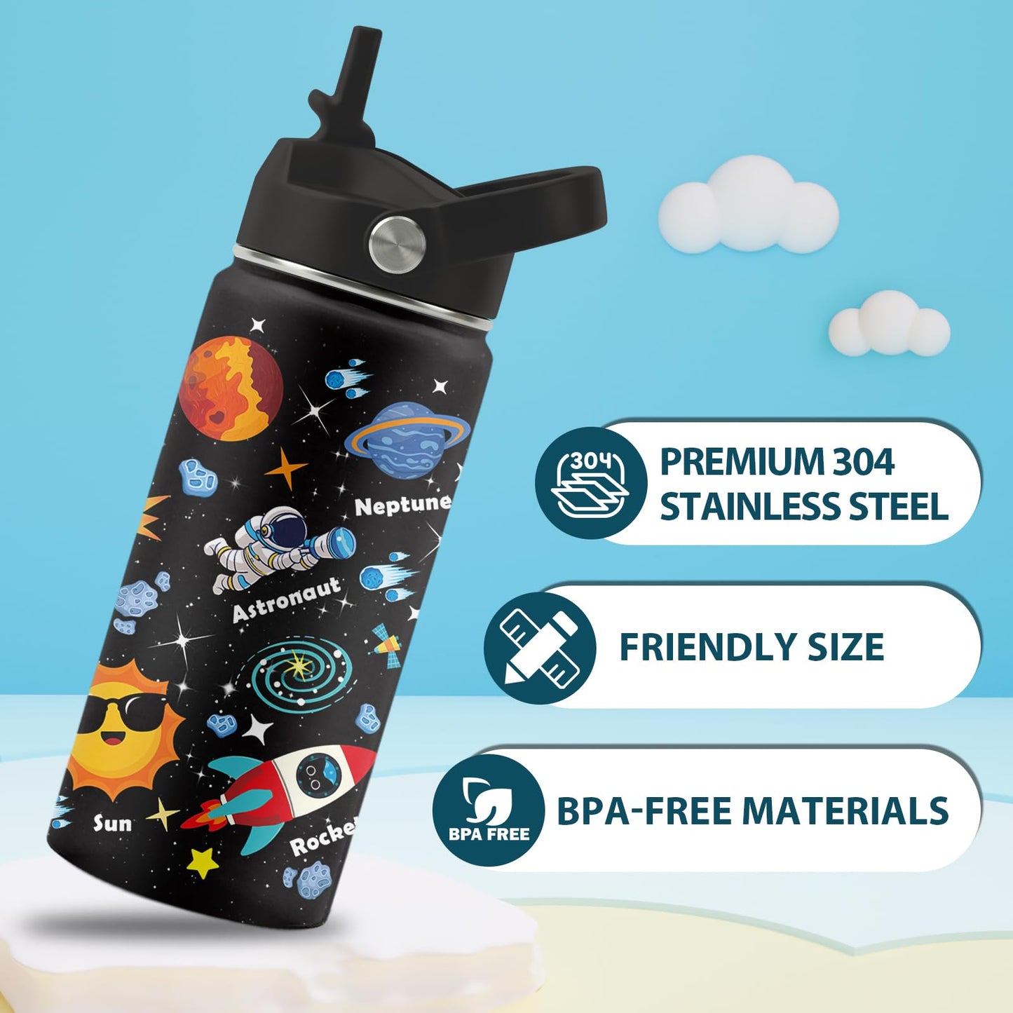 Space Astronomy Gifts, 16 oz Space Water Bottle with Straw Lid, Stainless Steel Insulated Tumbler, Astronaut Planet Birthday Gifts Cups