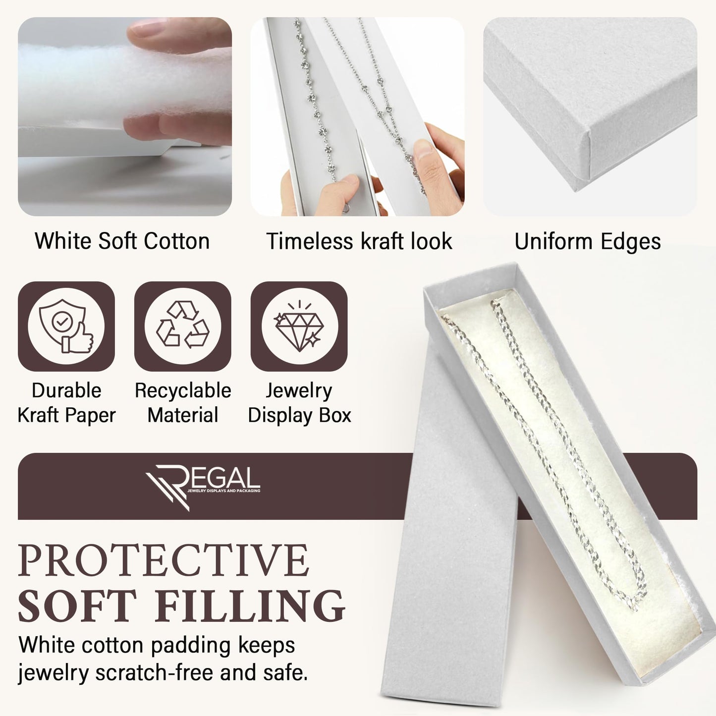 RJ Displays 20 Pack Cotton Filled white Jewelry Gift Boxes 8" x 2" x 1" Inches #82 Cardboard Jewelrys Box, Jewelry gift Box for Small Business & Wearable for giftbox, Watches, Jewelrys Boxes with Lids