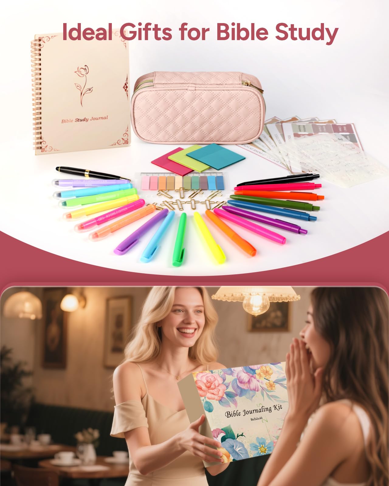 BellaHold Bible Study Kit for Women and Girls – 50PCS Journaling Supplies, 11 Bible Accessories, No-Bleed Highlighters, Pens, Bible Tabs, Large Pencil Case, Christian Gift (Light Pink)