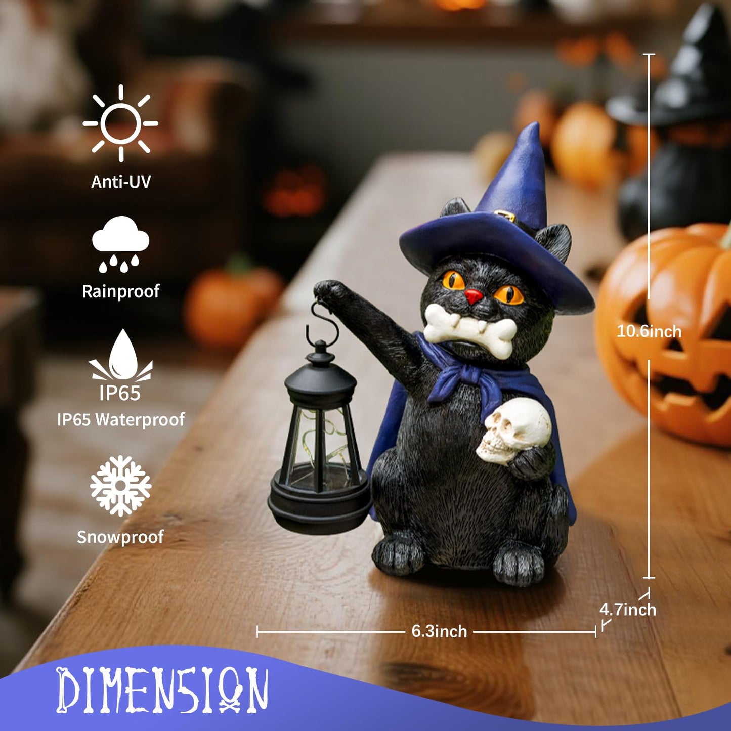 WONDHOME Halloween Black Cat Decor Spooky Solar Cat Garden Statues Holding Skull with LED Lantern Halloween Outdoor Decorations for Porch Patio Yard Lawn Holiday Gardening Gifts for Women