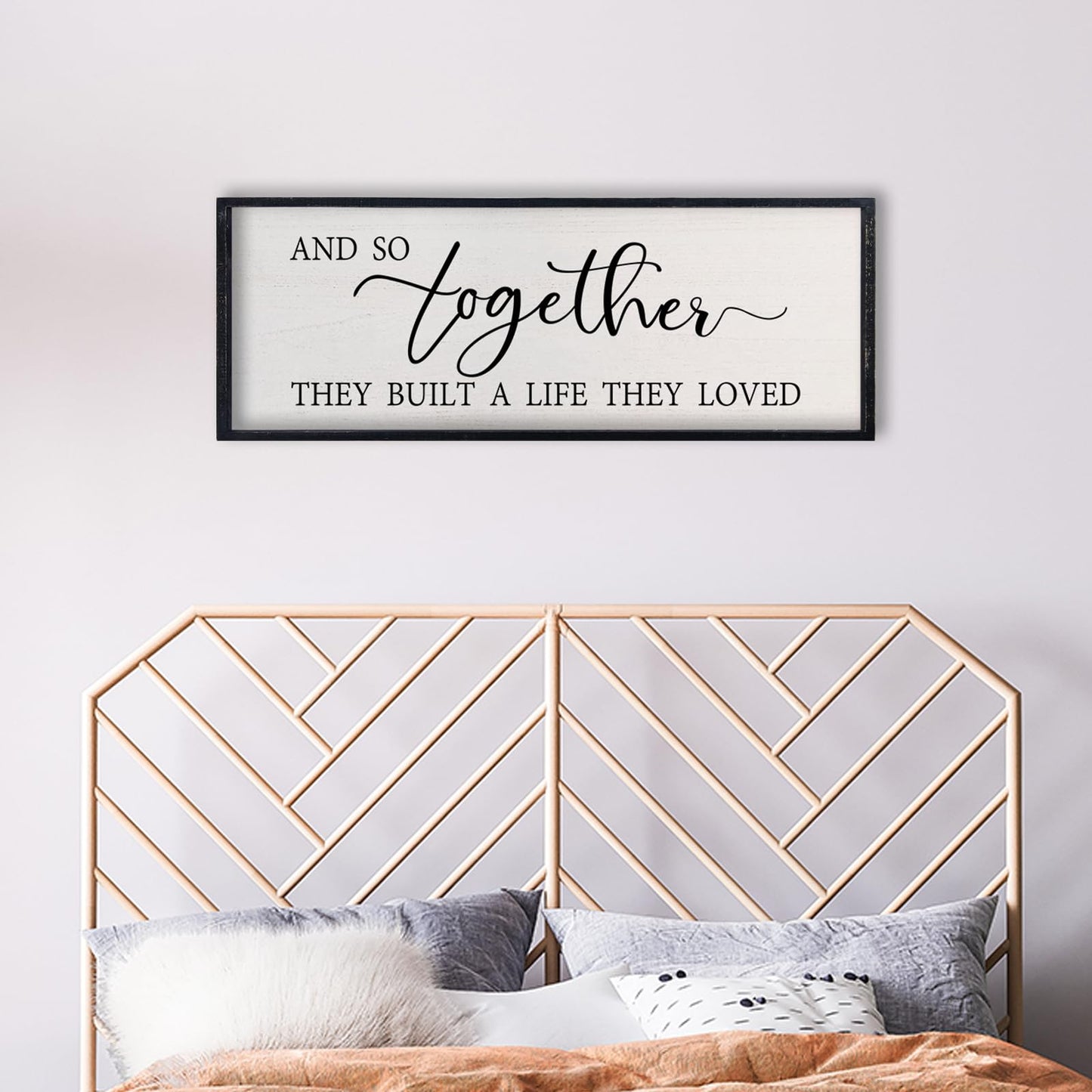 comurdyo Love Quote Wall Art And So Together They Built A Life They Loved Sign 32×12 Inch for Master Bedroom Over the Bed Living Room Farmhouse Rustic Wood Framed Wall Hanging Decor (Black)
