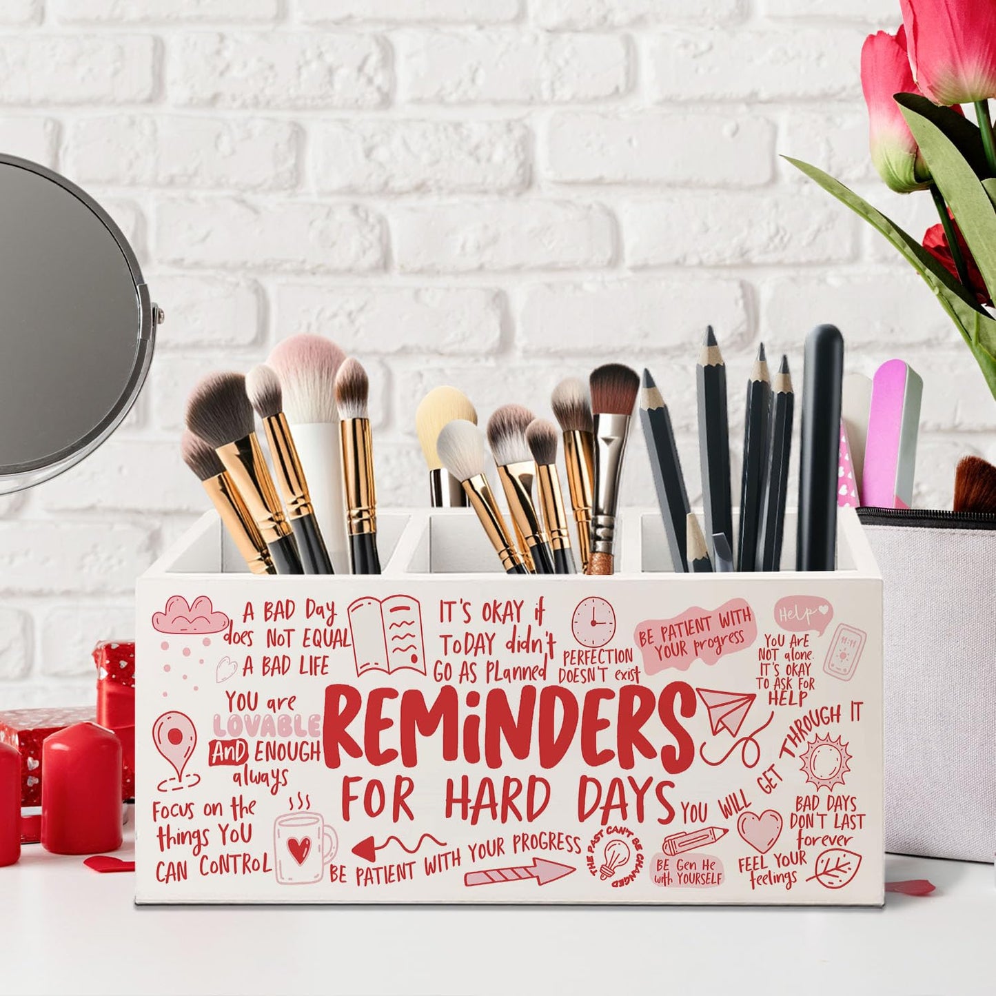 Yhtrg Bookmark Holder Decor Wooden Pen Pencil Holder for Desk, Reminders for Hard Days Wood Makeup Holder Organizer for Room Library