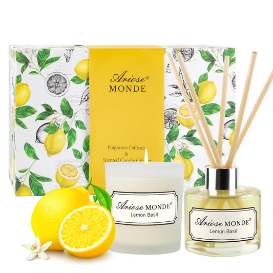 Reed Diffuser & Scented Candle Gift Set, Lemon Basil Oil Diffuser Sticks, Fragrance Diffuser & Soy Wax Candles in Glass Jar, Natural Soy Candles Gifts for Home Decor