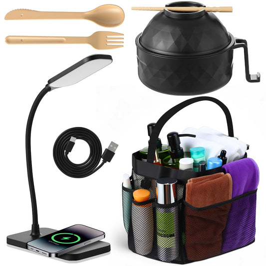 Widecook 3 Pack College Dorm Essentials Set with 1 Pack 8-Pocket Mesh Shower Caddy Portable, 1 Foldable LED Desk Lamp Type-c Charging, 1 Ramen Cooker Set for College Dorm Home(Black)