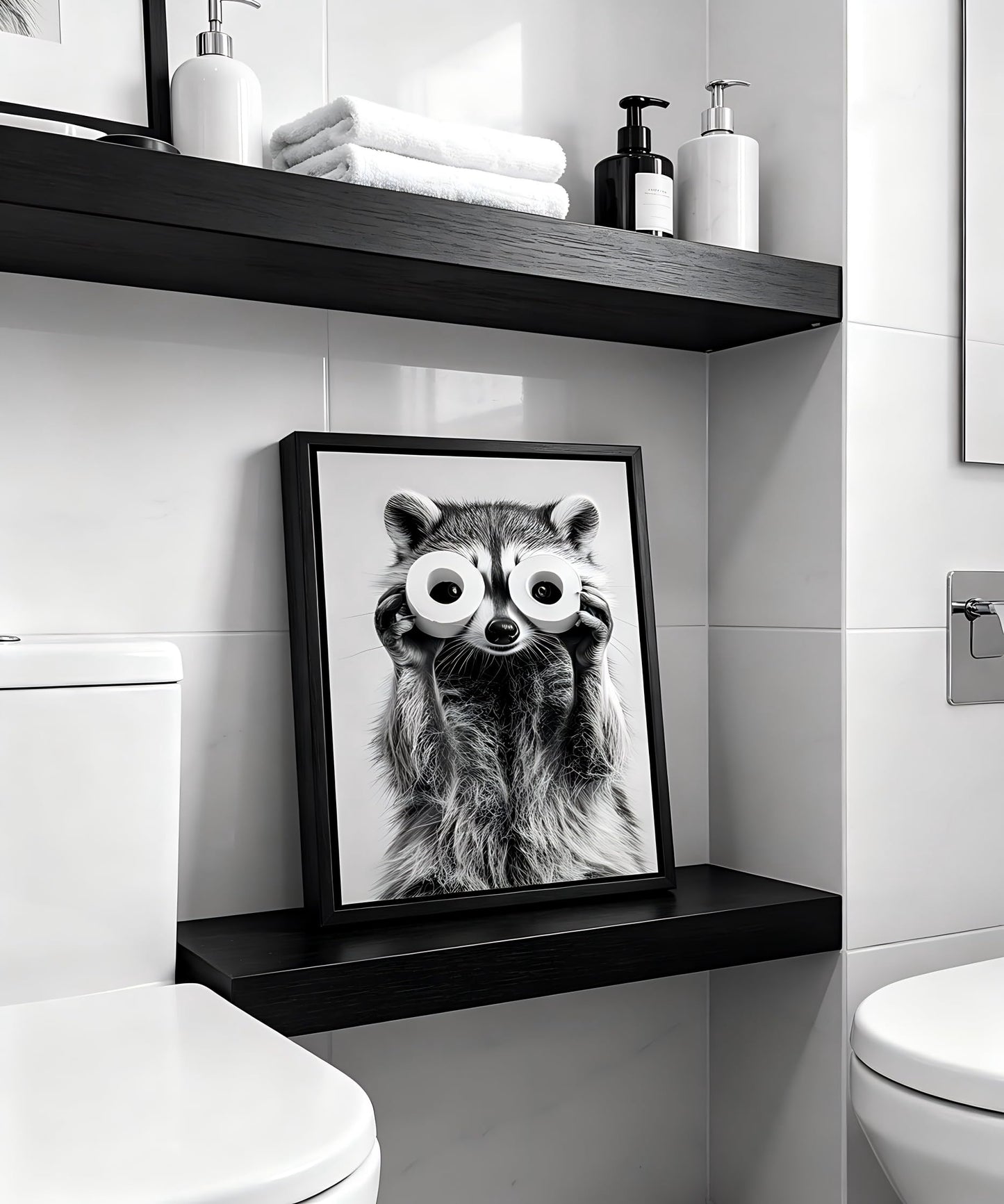 Framed Adorable Raccoon Bathroom Canvas Wall Art Toilet Paper Raccoon Wall Decor Pictures Funny Black and White Bathroom Animal Posters Prints for Restroom Home Decoration 8x10in