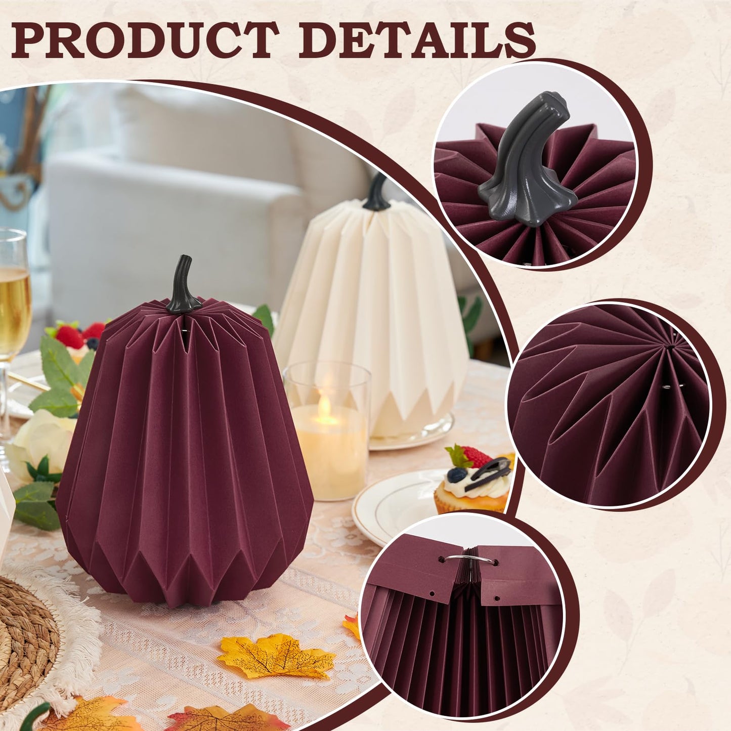 4Pcs Paper Pumpkin Table Decorations, Fall Pumpkin Honeycomb Centerpieces 3D Paper Honeycomb Pumpkins for Thanksgiving Autumn Halloween Home Table Decor (Burgundy and White)