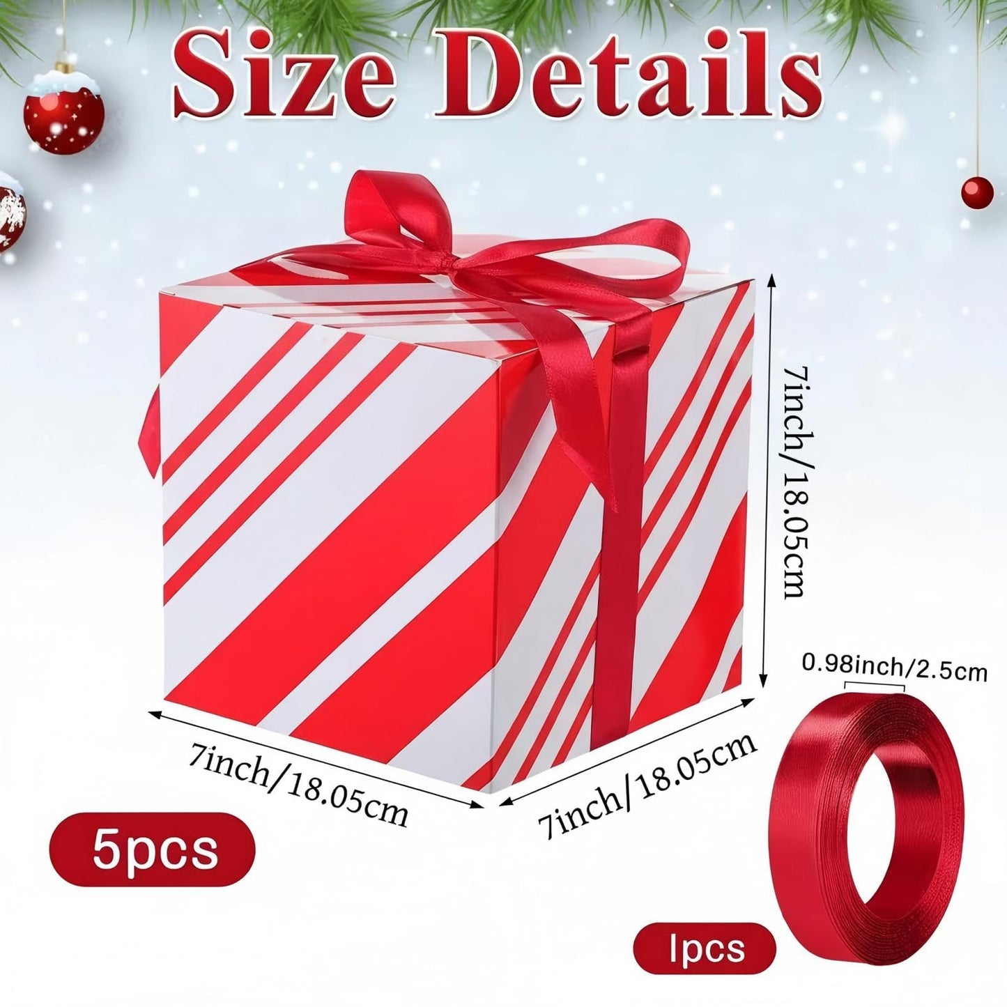 MotiMind 5 Pack Red and White Striped Christmas Gift Boxes with Lids 7x7x7 Square Gift Box with Ribbons for Wrapping Christmas Presents Wedding Bridesmaid Holiday Party Favor Boxes