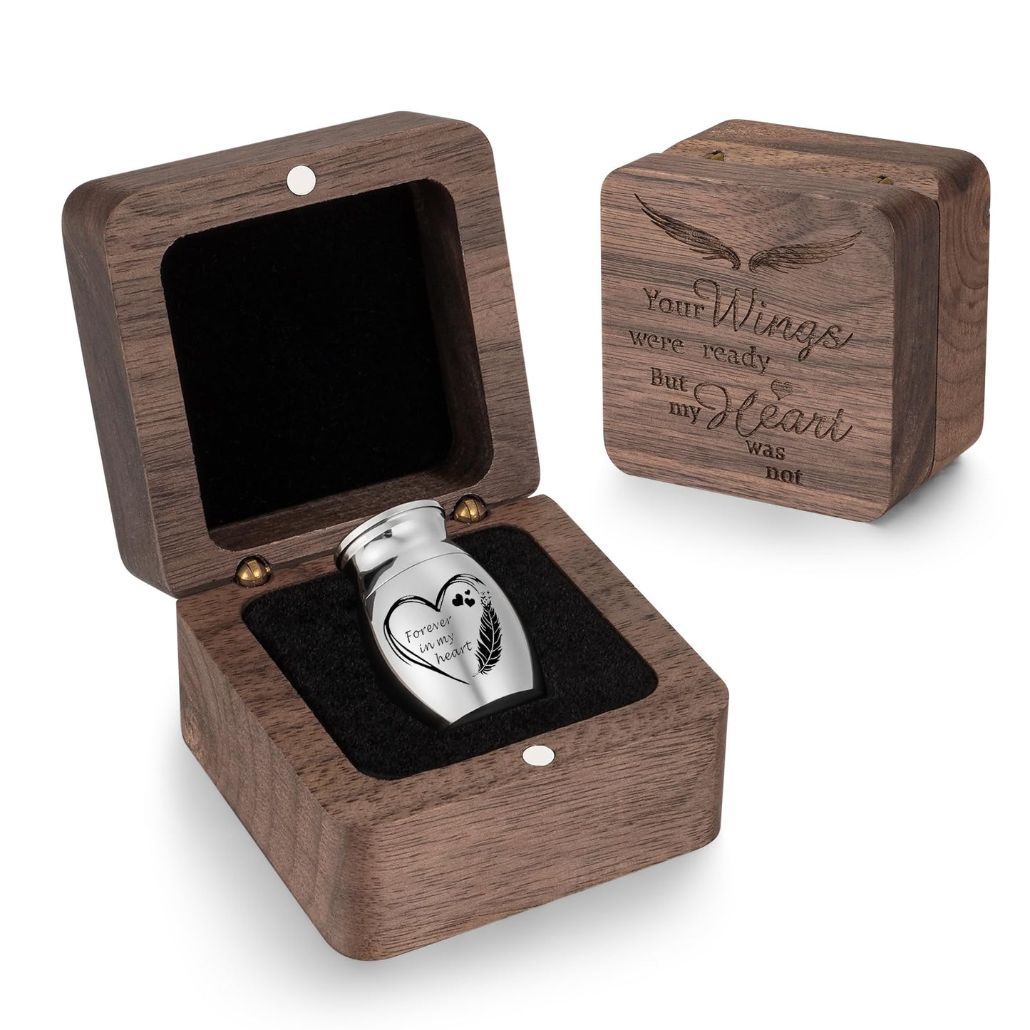 Dletay Angel Wing Small Urns for Human Ashes Square Wooden Keepsake Box 1.57 Inches Heart Mini Cremation Urns for Women Men Memorial Funeral Urn