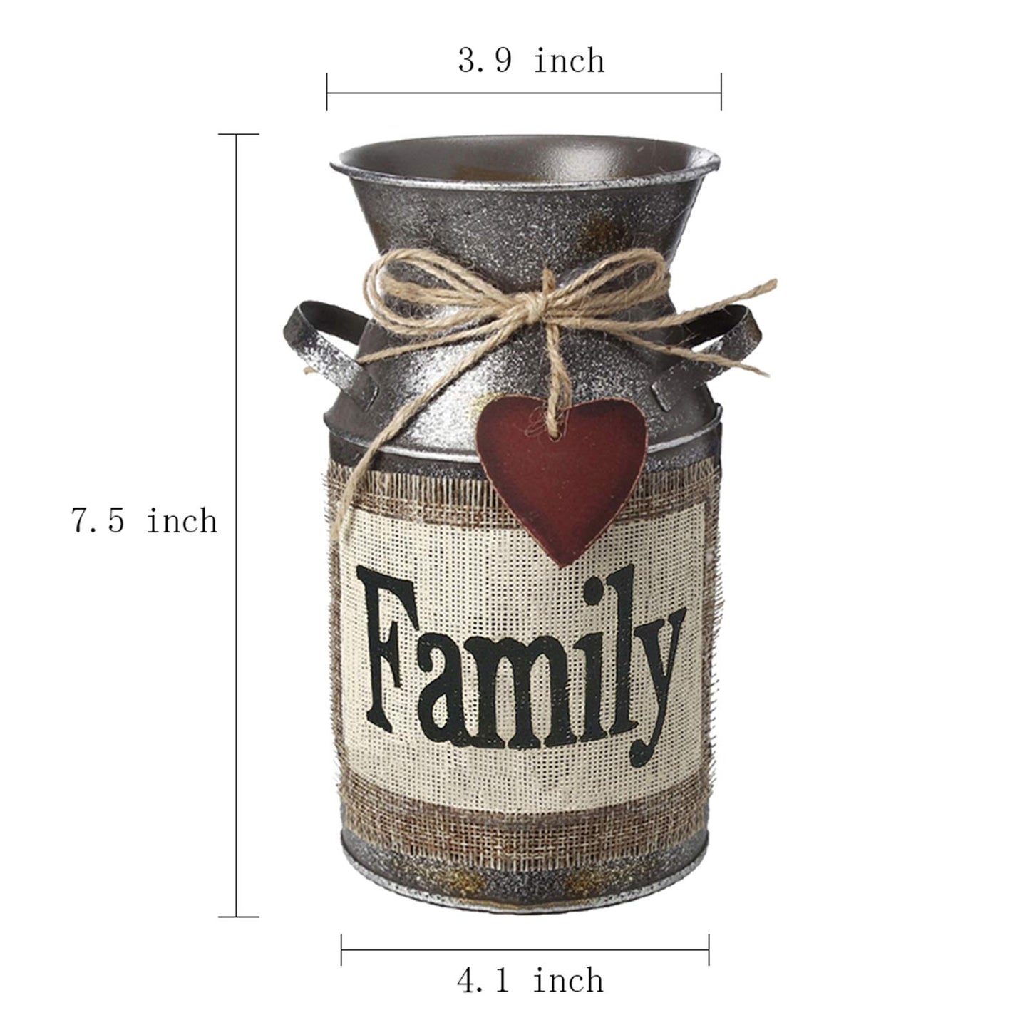HIDERLYS 7.5" High Rustic Decorative Vase with Greetings and Rope Design, Metal Milk Can Country Jug for Living Room, Bedroom, Kitchen(Family)