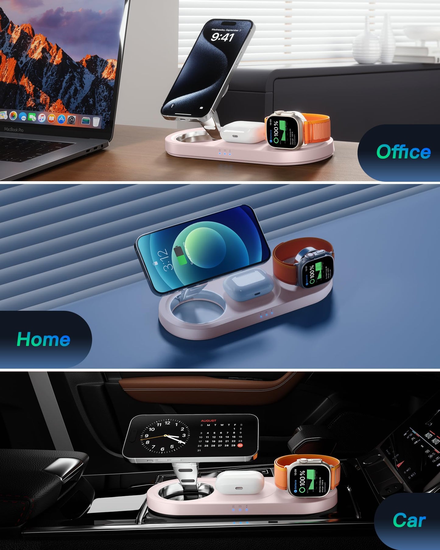 Upgraded 3 in 1 Wireless Charging Station for Apple Devices, Faster Mag-Safe Charger Stand, Magnetic Charger Station for iPhone 17/16/15/14/13/12 Series & AirPods Pro & Apple Watch Series （Pink）