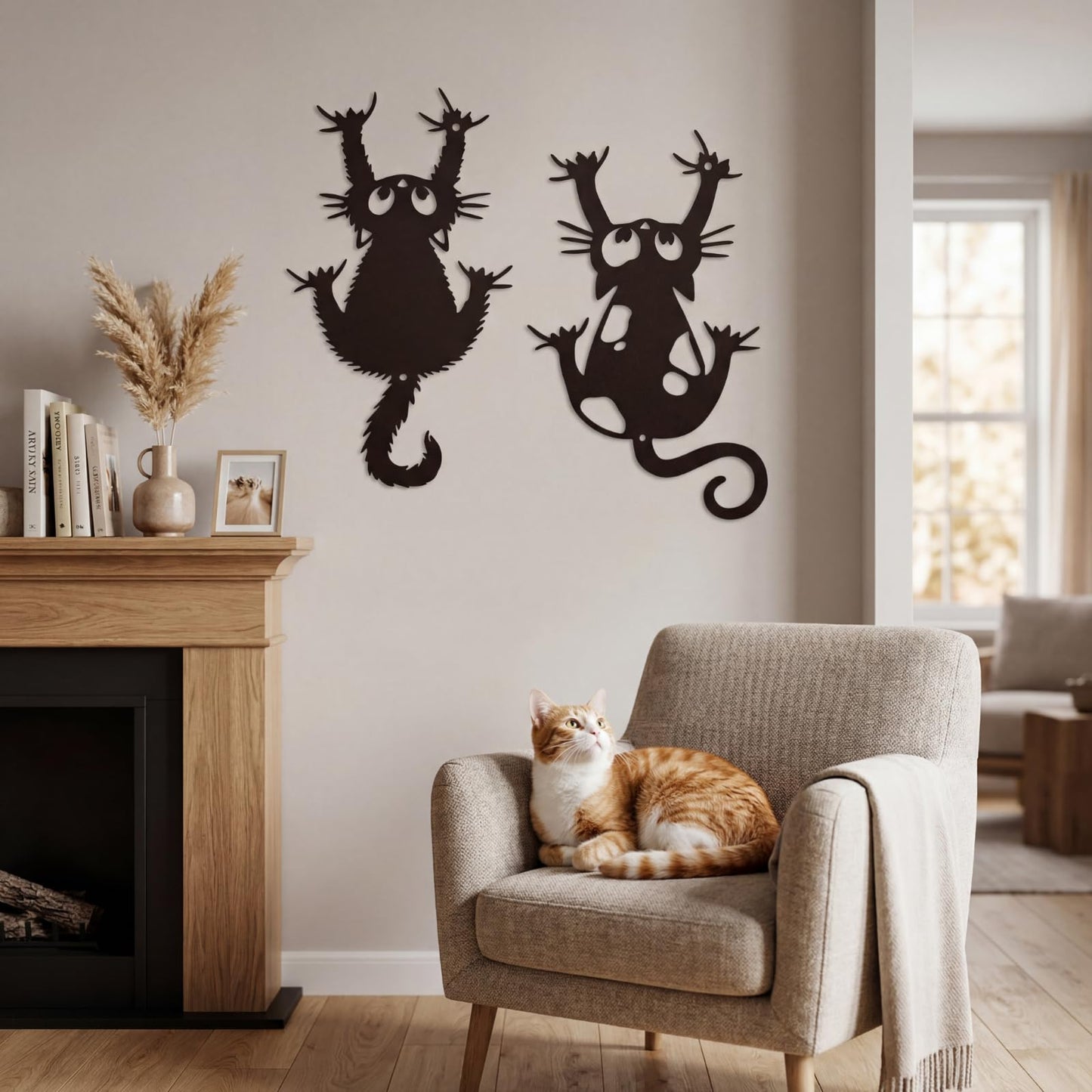 Otoolling Black Cat Wall Art Funny Black Metal Cat Wall Hanging Decor Minimalist Signs for Cats Lover Home Bedroom Living Room Patio Bathroom Office Decor (2 Pcs,Aprox 7" X 12")