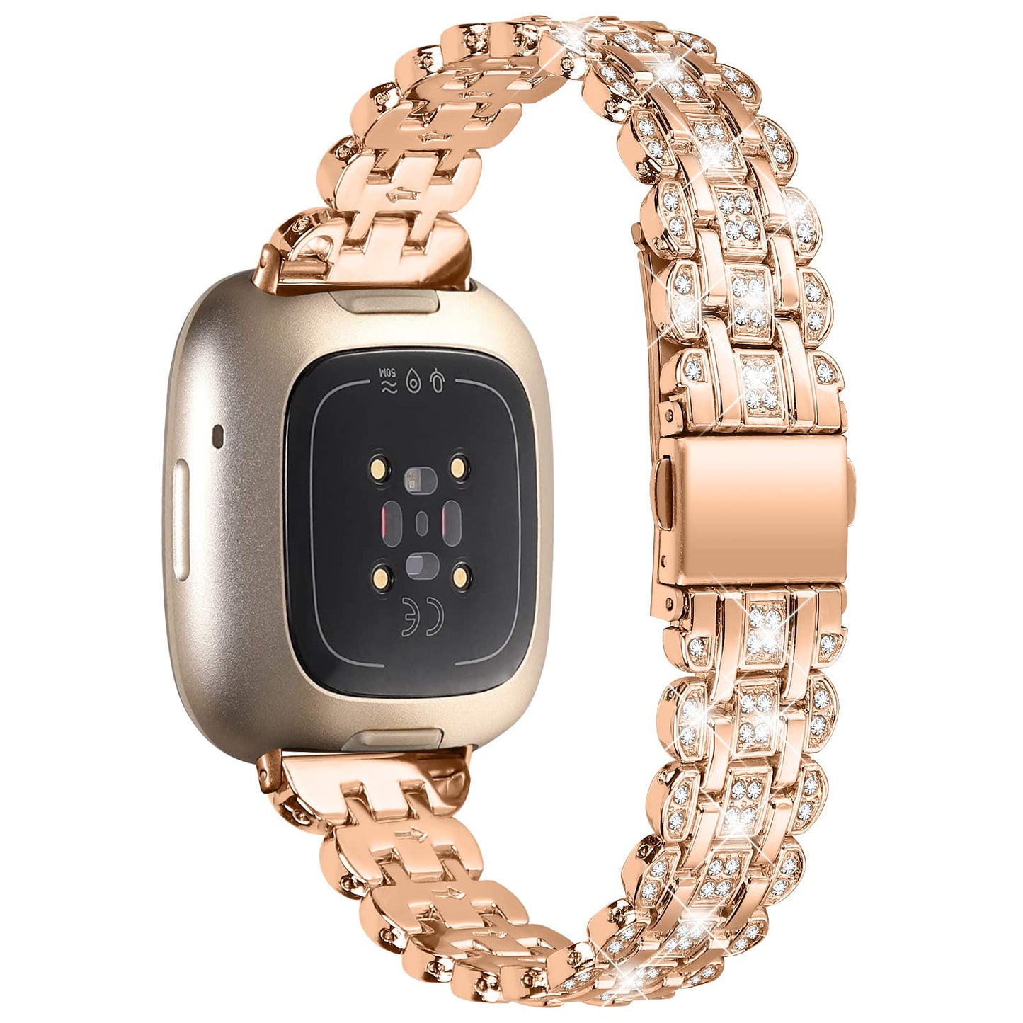 Replacement Watch Bands Compatible with Fitbit Versa 4/Sense 2 for Women,Stainless Steel Dressy Jewelry Bracelet Slim Bling Crystal Classy Metal Strap (RoseGold)