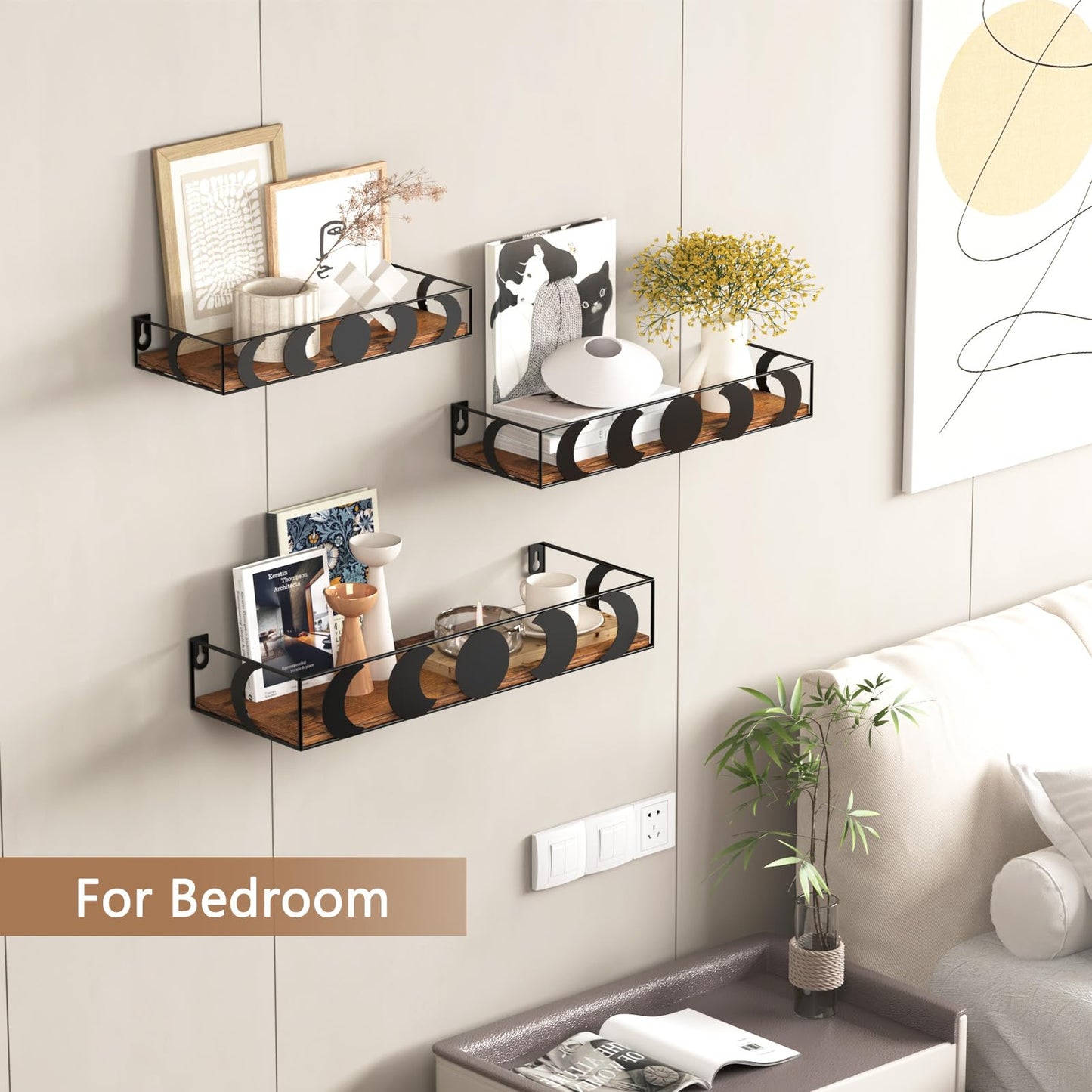 PHAREGE Black and Brown Floating Wall Shelves, Set of 3 Moon Phase Decorative Small Shelves for Bedroom Kid Room, Display Shelf for Crystal Collectibles Figurine