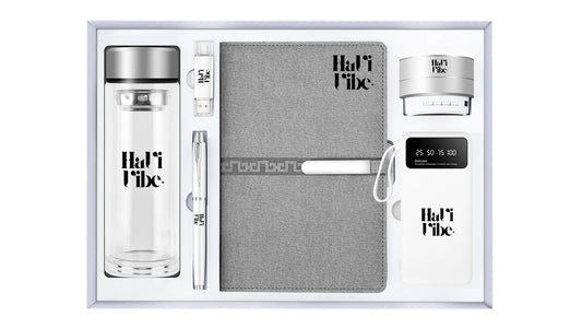 HaVi Vibe 6-in-1 Promotional Gift Set with Glass Water Bottle, Notebook, Power Bank, Wireless Speaker, Flash Drive, Great Gift for Co-Worders & Teachers, Grey