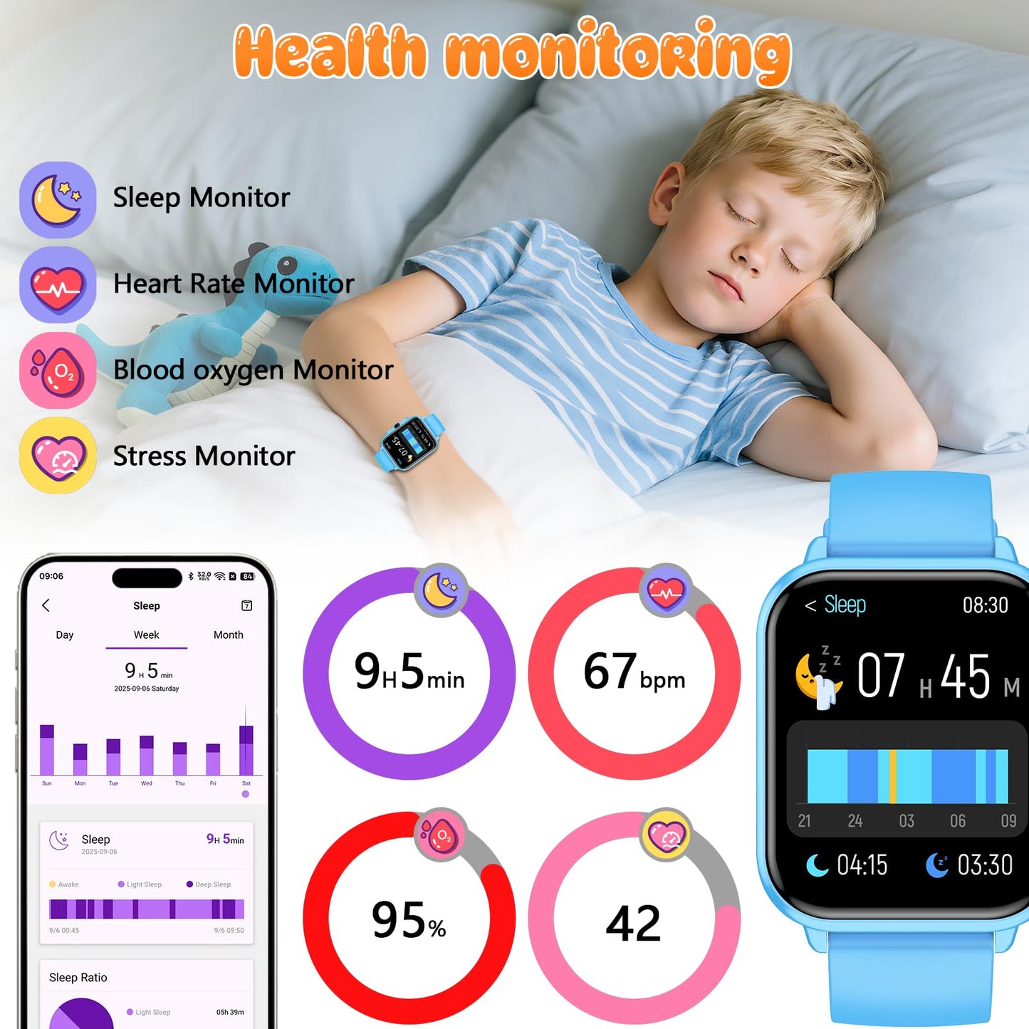 Kids Smart Watch Boys and Girls, Smartwatch with Alarm Clock, Camera, Games, Music, SOS, 24/7 Health Monitor, 100+ Sports Modes, IP68 Waterproof, Children Watches Birthday Gift for Kid Ages 4-12