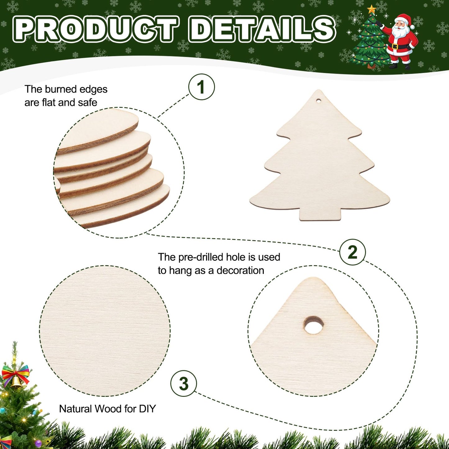 MECCANIXITY 24Pcs Wooden Christmas Tree Ornaments to Paint, 4" x 4" DIY Blank Unfinished Wood Homemade Ornament with Rope for Art Crafts DIY Thanksgiving Halloween Birthday Gifts