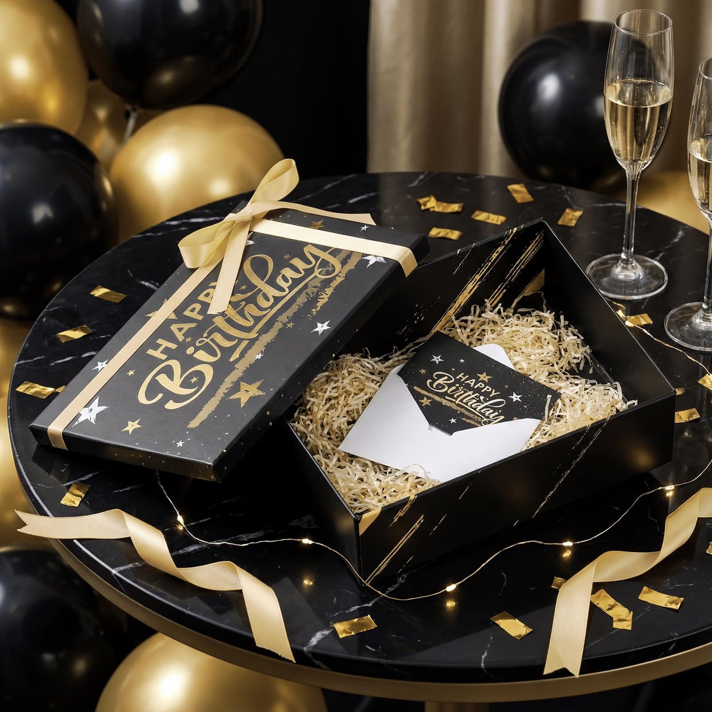 Ctosree Black Happy Birthday Gift Box with Lid for Presents, 13.5 x 10 x 4 Inch Gold Black Large Luxury Star Foldable Cardboard Box for Gift Packing, Contains Card, Envelope, Ribbon, Raffia Grass