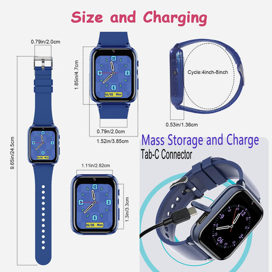 Goodatech 1.69'' Kids Smart Watch 4-12 Years Boys Girls, 26 Puzzle Games,HD Camera,Video Music Player,Pedometer,Flashlight,Alarm Clock,Learn Card,Audio Book,Smartwatch for Children Gifts (Blue)