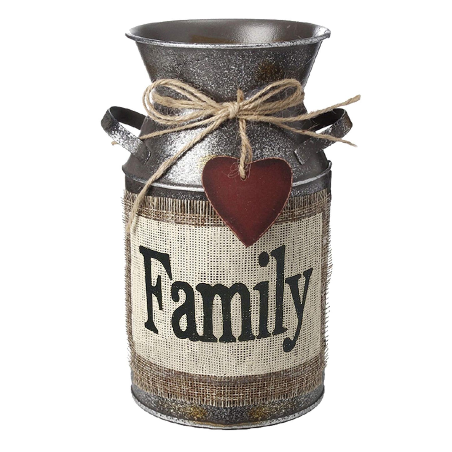 HIDERLYS 7.5" High Rustic Decorative Vase with Greetings and Rope Design, Metal Milk Can Country Jug for Living Room, Bedroom, Kitchen(Family)