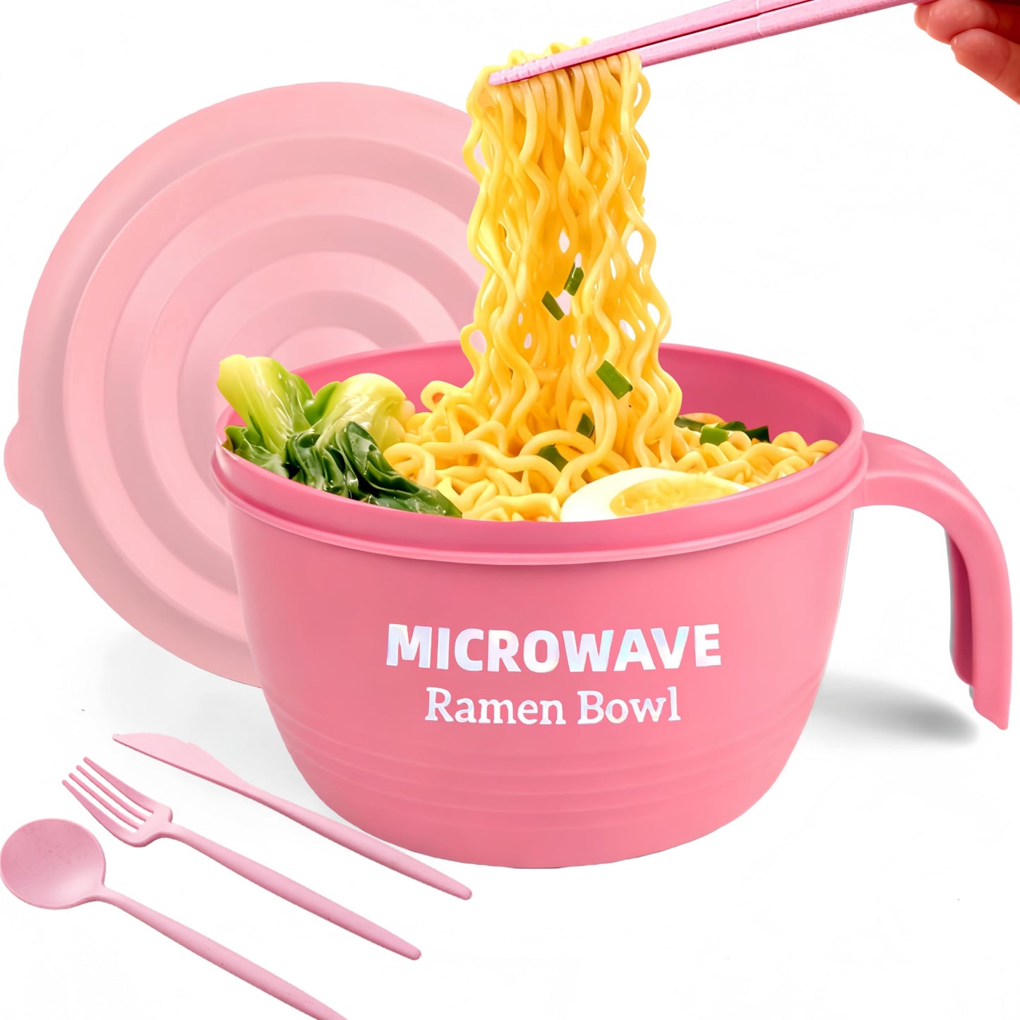Layron Large Ramen Bowl Set, Ramen Noodle Bowls Microwavable 45 oz, Ramen Cooker, Microwave Pasta Cooker, Ramen Bowl Microwave Gift for College Boys Girls Male Female Dorm Room (pink)