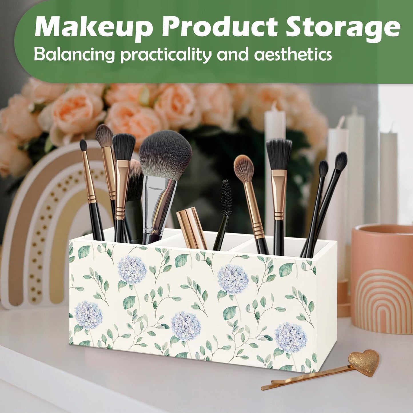 VIIJJUE Hydrangea Gifts Wooden Pen Pencil Holder, Hydrangea Gifts for Women, Blue Flowers Decor Wooden Makeup Brush Toothbrush Holder Organizer for Home Office Desk Table Shelf