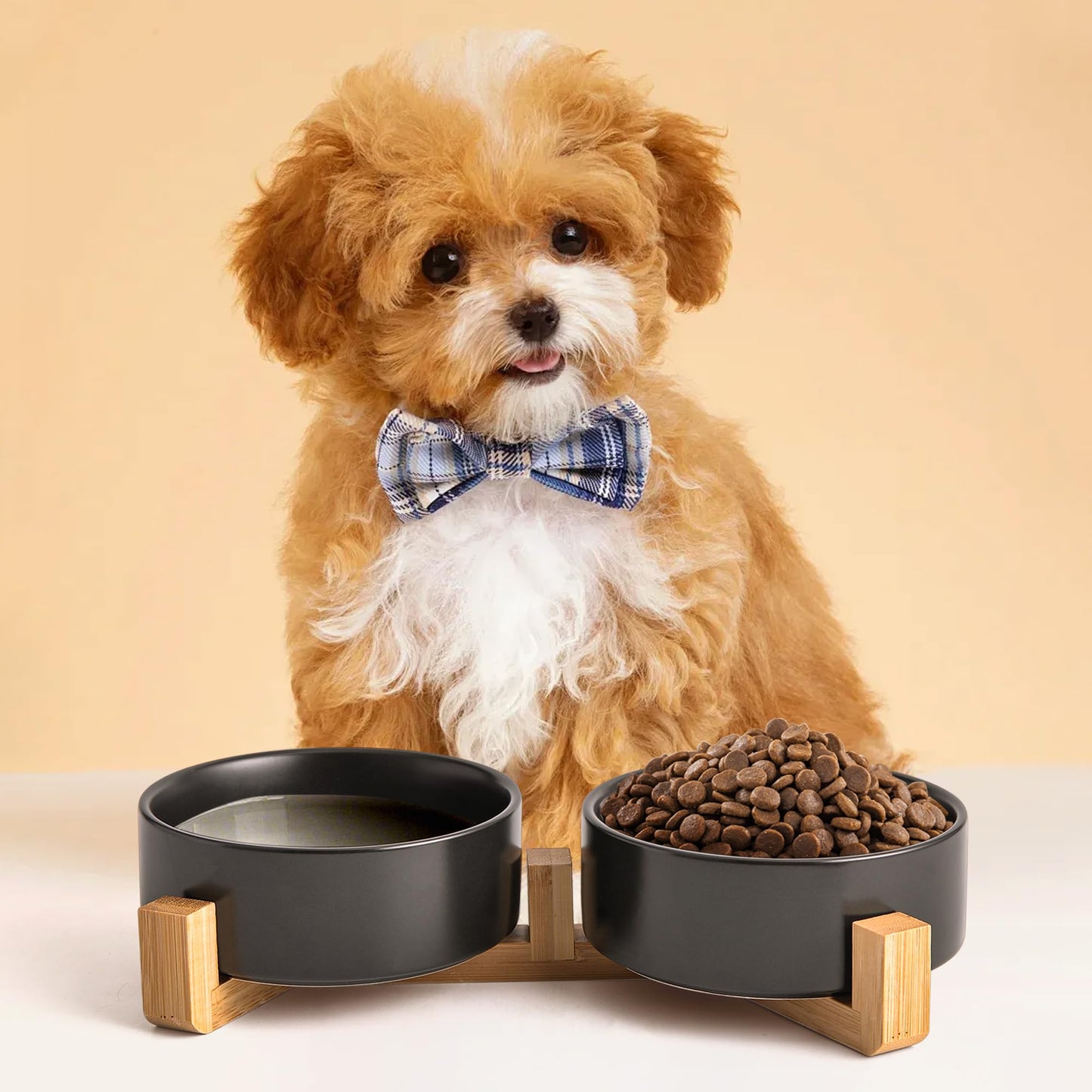 Mowtanco Black Ceramic Dog & Cat Bowl Set – 13.5 OZ with Wooden Stand, Non-Slip, Elevated Design for Small Dogs & Cats – 2 Bowls (Food & Water, Ceramic Pet Bowls, Modern Dog Bowls)
