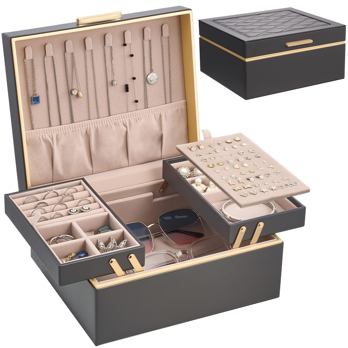 Lolalet Jewelry Box Organizer for Women Girls, 2 Layer Jewelry Organizers and Storage for Necklace Earrings Rings Bracelets, Large Jewellery Holder Case Birthday Valentine Gifts -Charcoal gray
