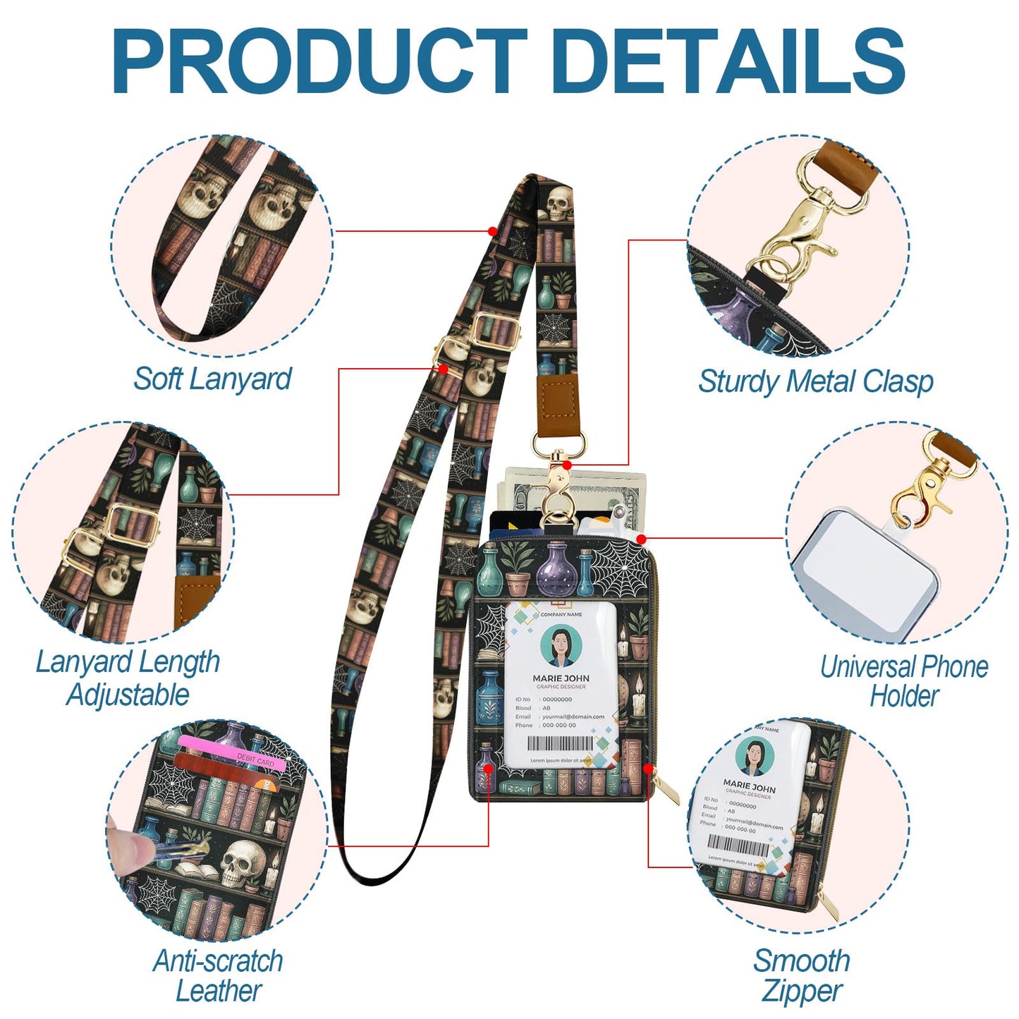 QRZIQRZ Lanyards Wallet & ID Badge Holder,Skull Bookshelf ID Case with Zipper,RFID Credit Card Holder for Women,Detachable Neck Lanyard Wrist Strap with Keychain Phone Holder for Teacher Nurse Gifts