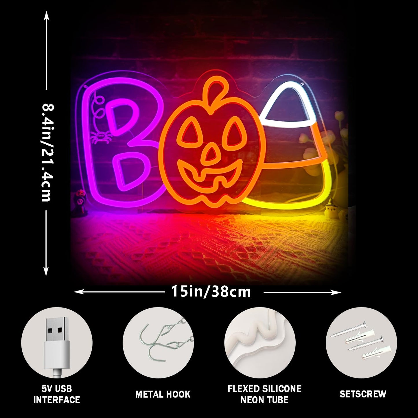 kzjspn Halloween Neon Sign for Wall Decor BOO Led Sign Dimmable Pumpkin Neon Light Up Sign for Window Candy Corn Neon Sign Bar Horror Halloween Party Man Cave Game Room