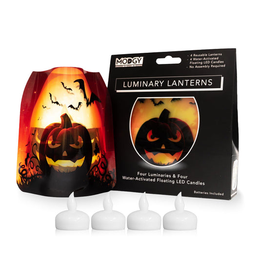 MODGY Luminary Lanterns, Halloween Candle Holders with Flameless Floating LED Candles, Indoor Outdoor Decor for Parties, Home, Windows, and Mantels, Table Centerpiece, 4-Pack, Jacko